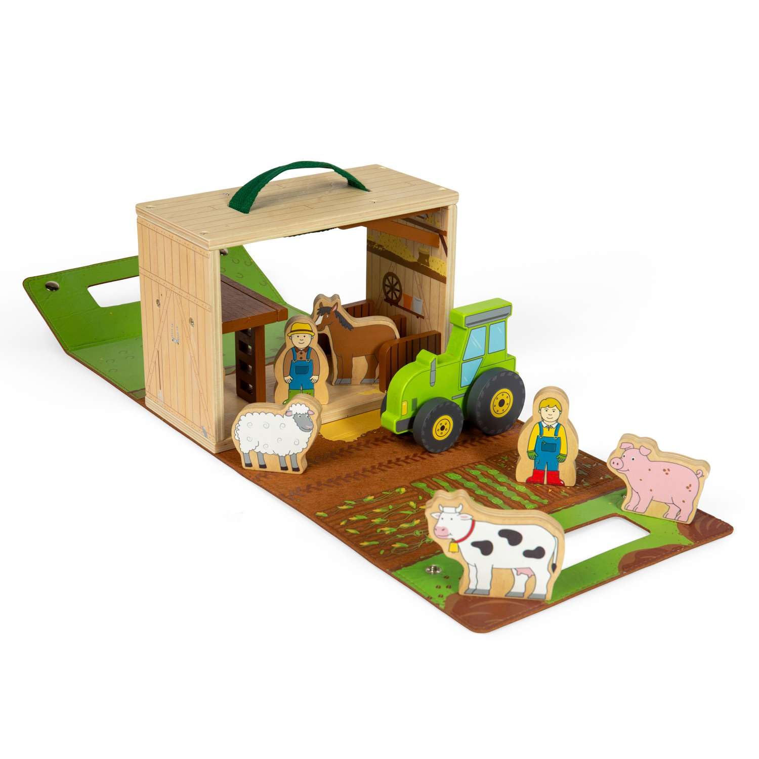 Bigjigs Toys Farm On The Go - Juego portátil de madera para niños, juguete de viaje con animales de granero, agricultores y tractores, juego interactivo para las vacaciones, divertidos juegos