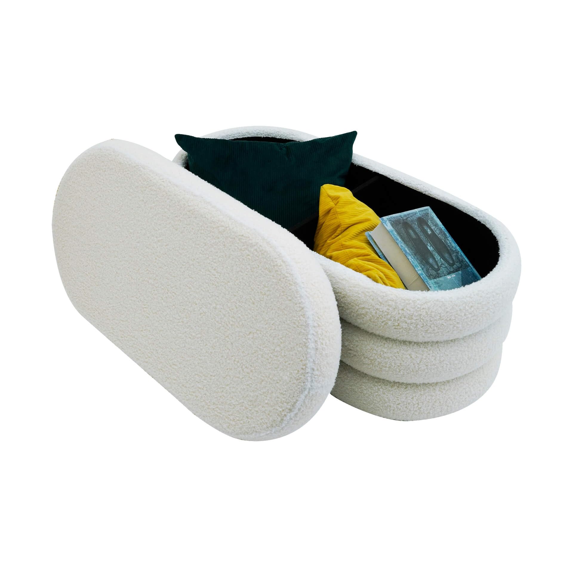 Rebecca Mobili Cassapanca Pouf, Pouf Ovale Lungo, Bianco, Tessuto Poliestere MDF, con Vano Contenitore, per Salotto Camera da Letto - Misure HxLxP: 38 x 76 x 38 cm - Art. RE7054