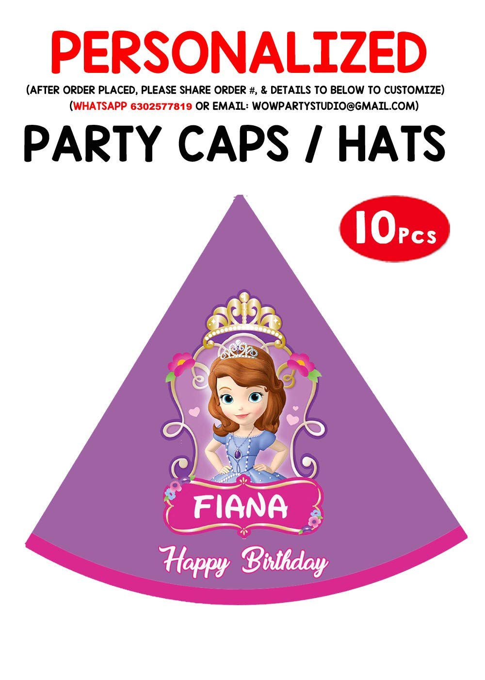 WoW Party Studio Personalised Sofia Princess Theme Happy Birthday Party Decorations Party Caps/Hats with Birthday Boy/Girl Name - 10Pcs