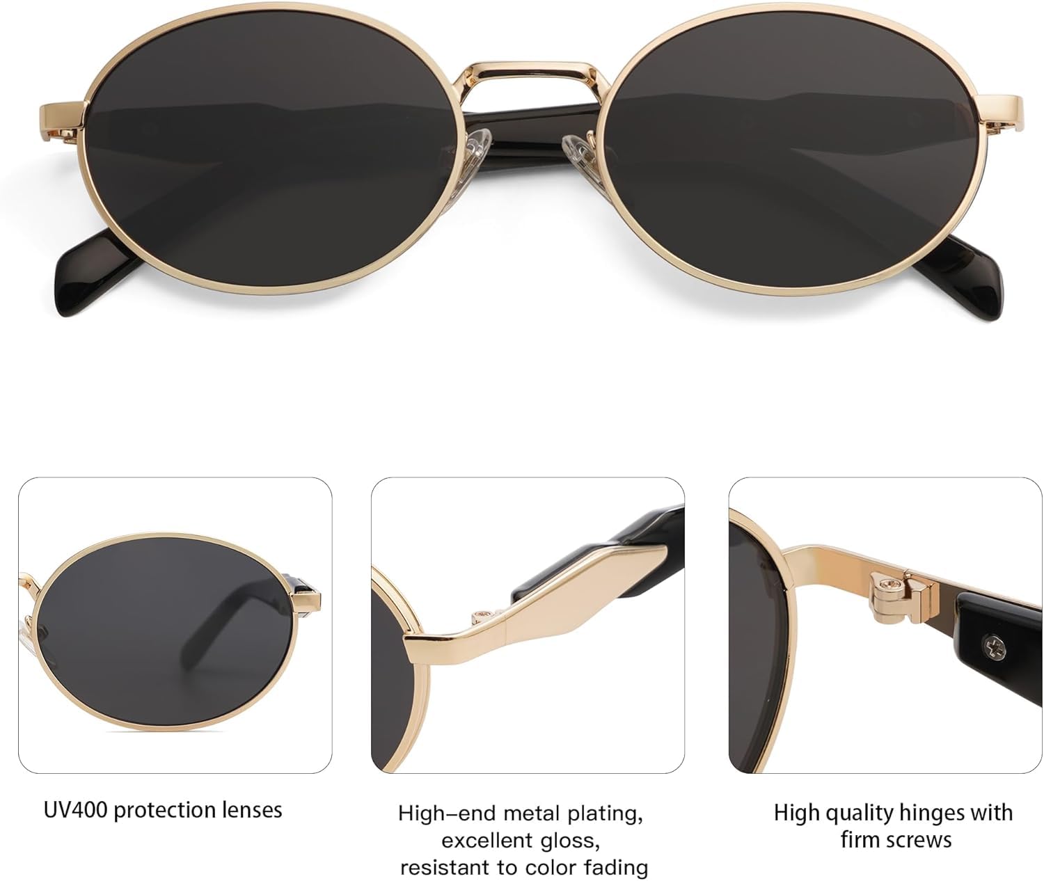 CREEK Unisex UV Protected Retro Oval Sunglasses | Trendy Metal Sun Glasses Classic Shades | UV400 Protection (GOLD-BLACK), 142 mm - Image 3 thumbnail