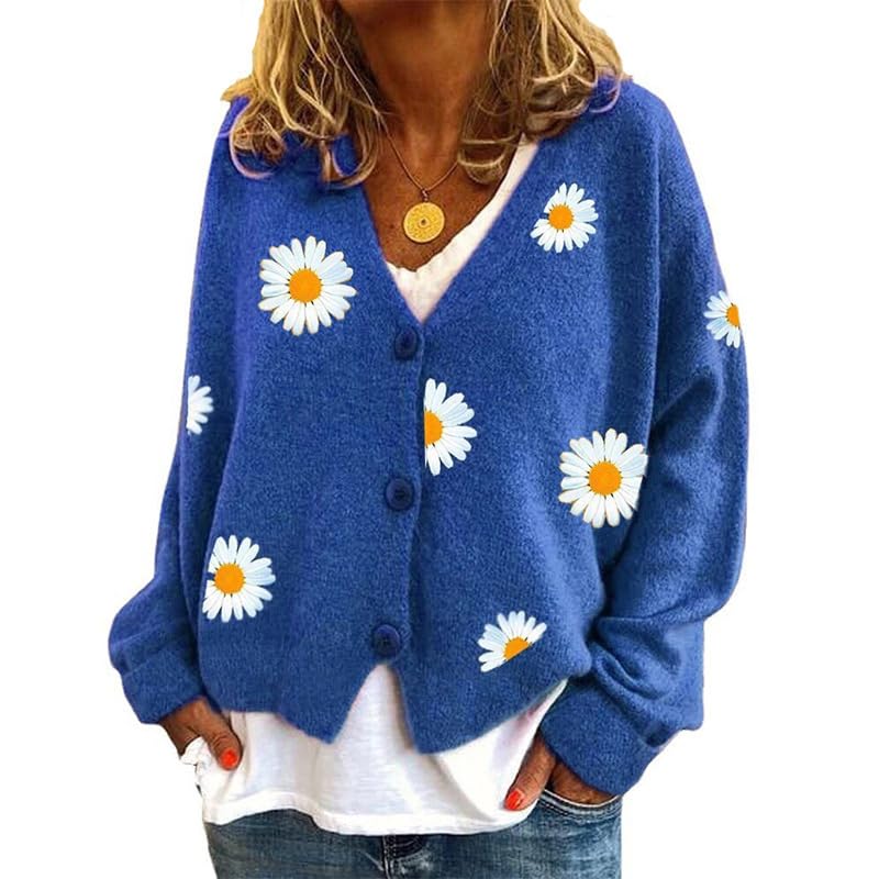 Womens Long Sleeve Floral Daisy Flower Cardigan Sweaters Oversized Aesthetic Button Down Open Front Knit Sweater
