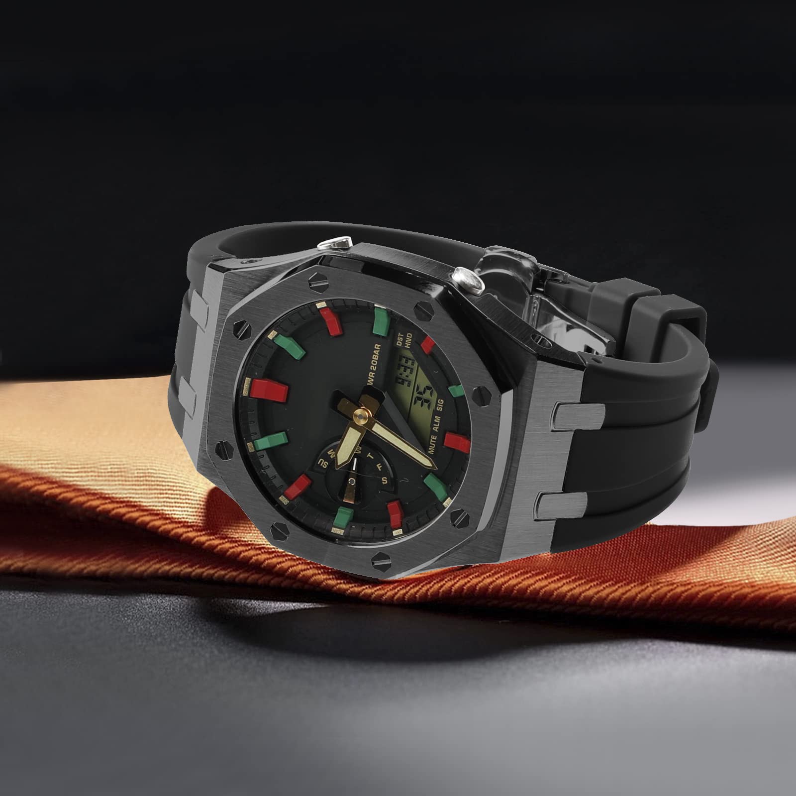 Neuupesen GA2100 Stainless Steel Watch Case Metal Watchband Rubber Strap Mod Kit for GA-2100 GA-2110 Series Watch Part Replacement (GA2100, Black+black set)