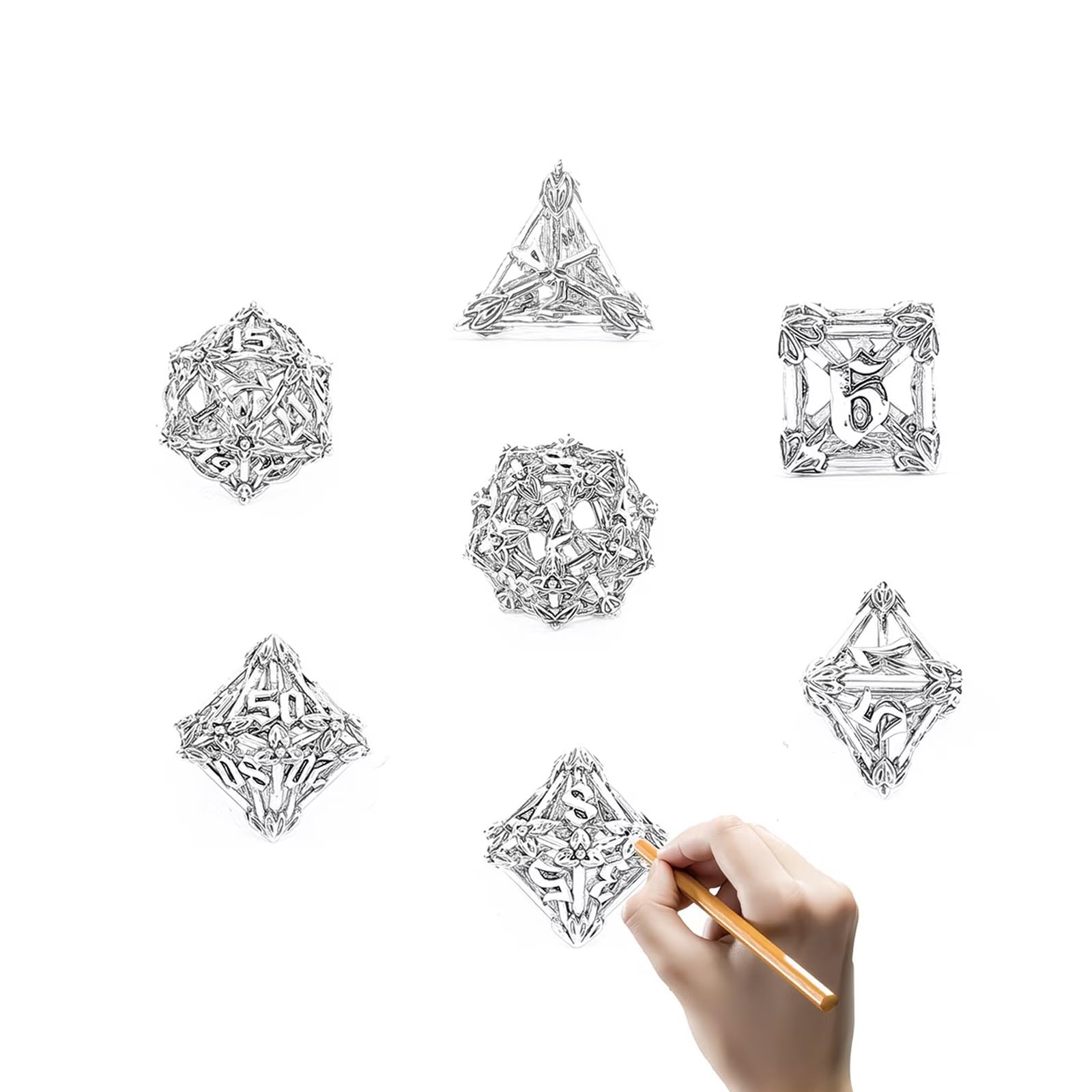 Lot de 7 Dés en Métal Argentés et Bleus à Motifs de Feuilles et de Fleurs, Polyèdres Creux, Compatibles avec Les Jeux de Rôle Les Jeux de Société et Les Jeux de Cartes