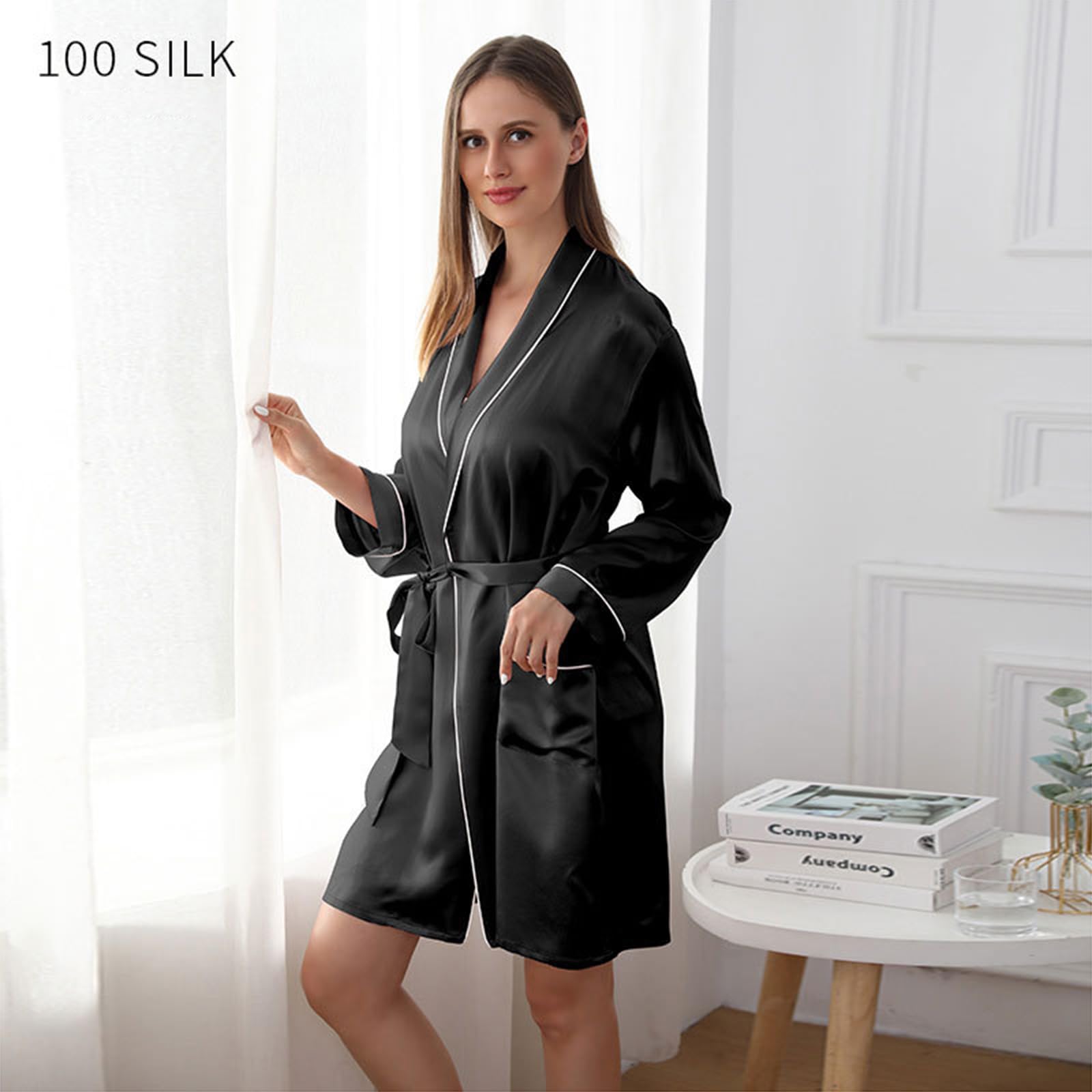 Damen Seide Nachthemden,19 Mama Sexy Satin Nacht Bademäntel Damen Satin Nachthemd,Schwarz,L