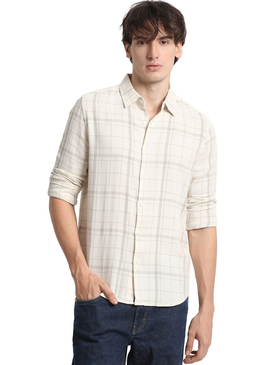 the bear house Men's White Checked Slim Fit Cotton Casual Shirt-picture-21