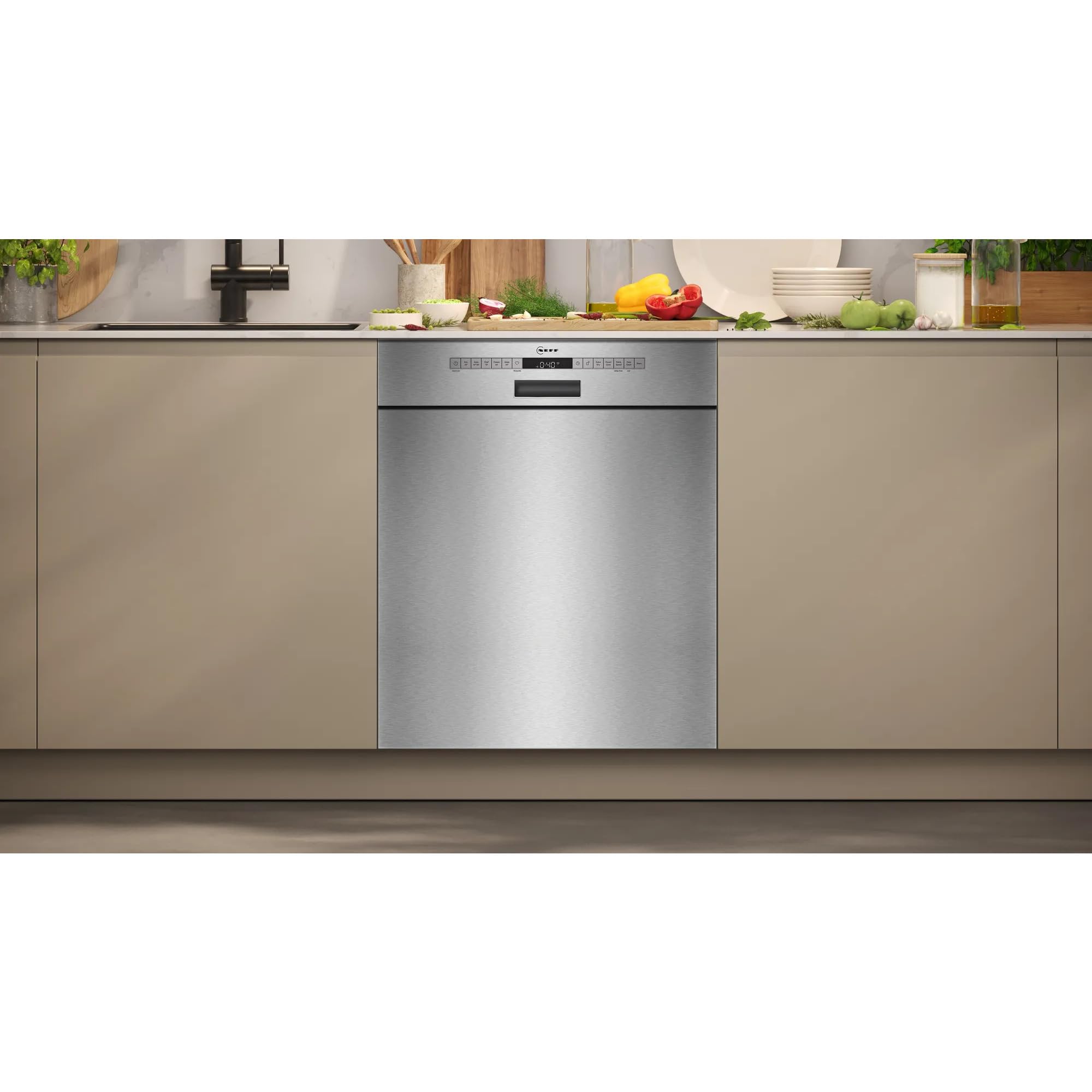 NEFF S125ECS15E, N 50, Lavavajillas empotrables inteligentes de 60 cm, fabricado en Alemania, cajón para cubiertos, muy silencioso, Open Dry, limpieza potente con Chef 70°C, Aqua Stop, acero cepillado