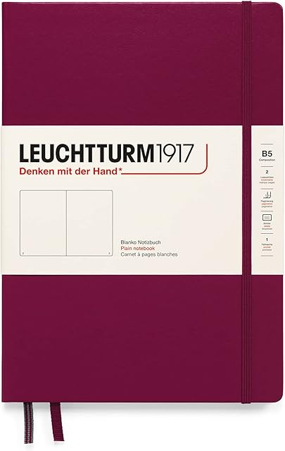 LEUCHTTURM1917 366162 Notebook Composition (B5), Hardcover, 219 Numbered Pages, Port Red, Plain