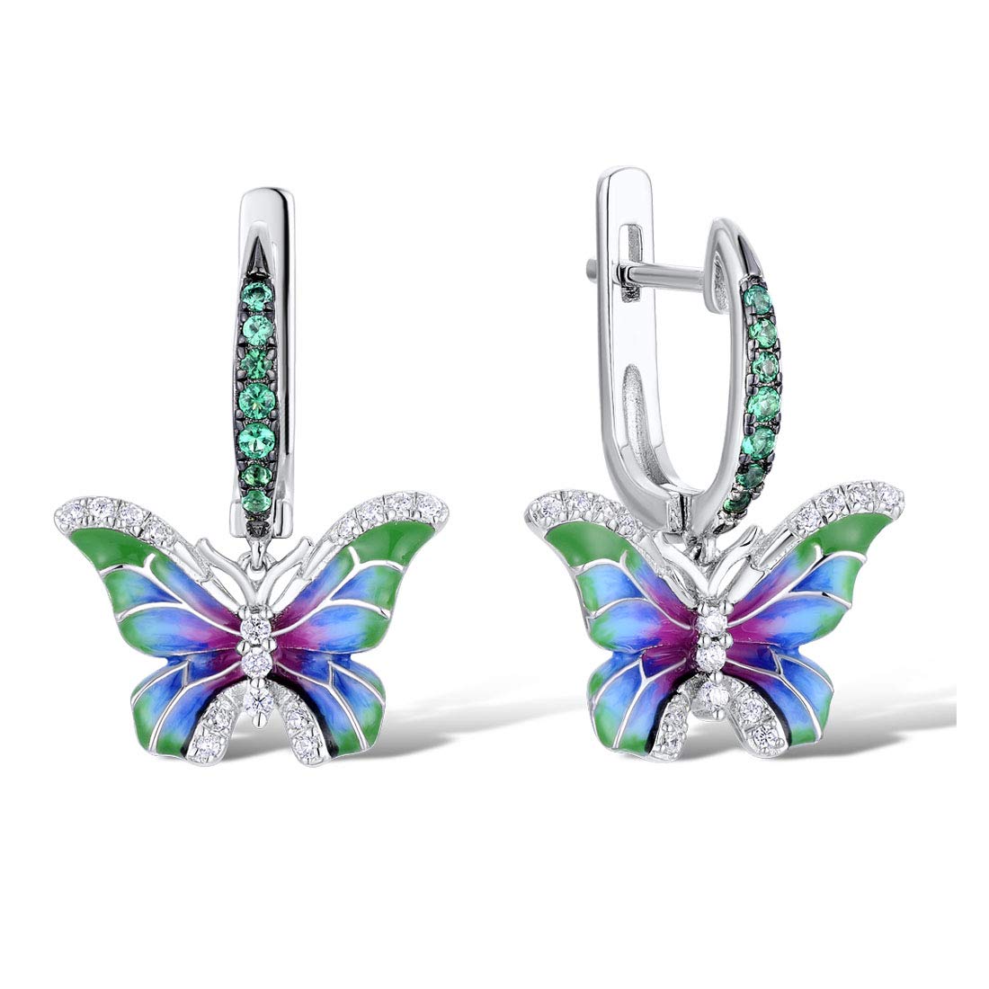 Namana atemberaubende Schmetterlings-Ohrringe für Damen. 925 Sterling Silber Ohrstecker für Frauen mit grünen und weißen Zirkonia Edelsteinen und bunten Emaille Details. Silber Ohrhänger