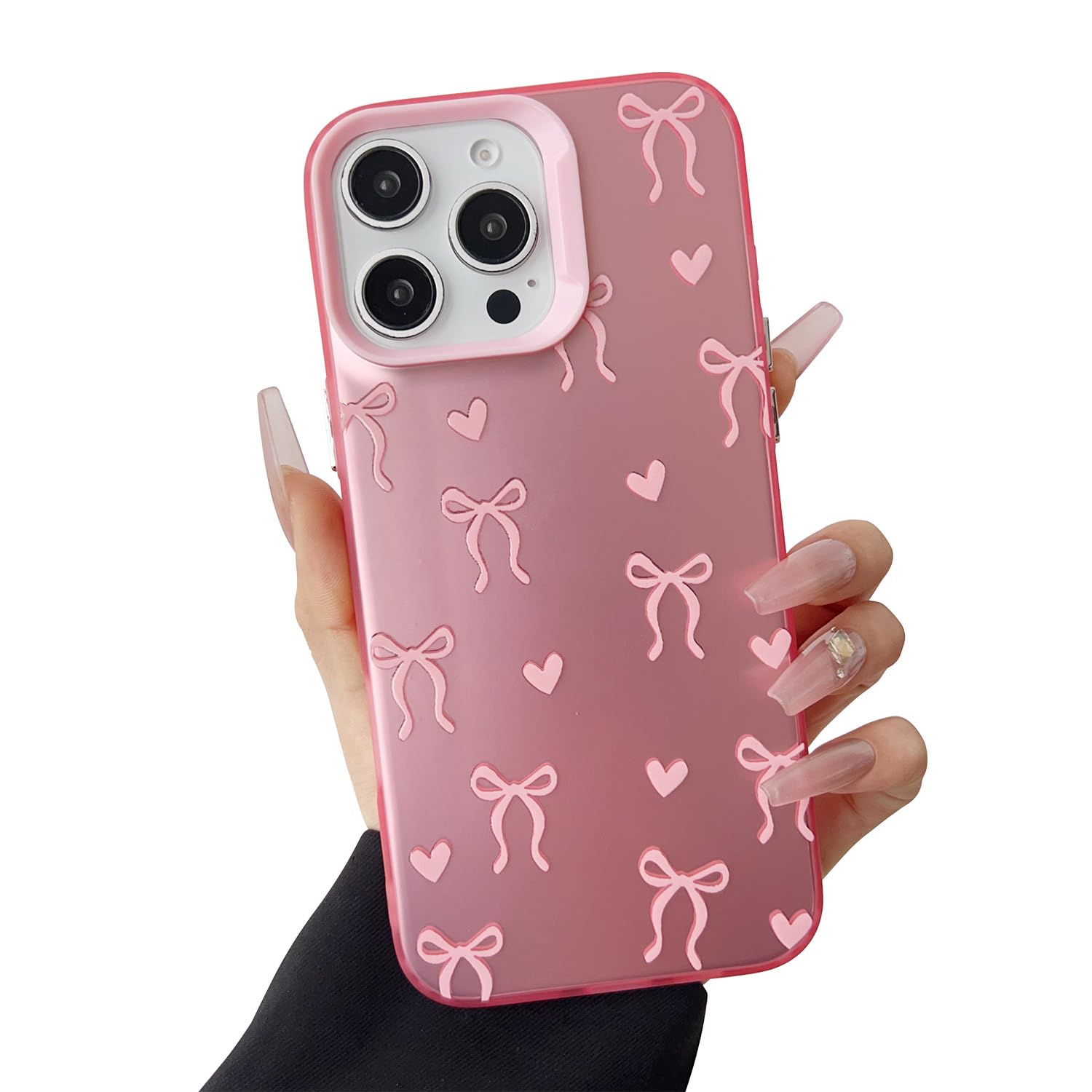 INJPCUCA for iPhone 16 Pro Case, Pink Ribbon Bow Heart Cute Aesthetic Phone Case, Girls Trendy Slim Shockproof Protective Girly Phone Cover for Women