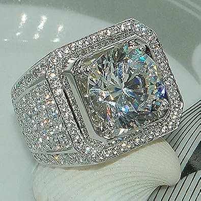 S925 925 Sterling Silver Mens Deluxe Full Diamond Ring Aggressive Shiny Jewelry Mens Wedding Engagement Ring 18K White Gold Cubic Zirconia Eternal Ring
