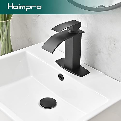 Miniatura 2 de Hoimpro Grifo de baño negro cascada de un solo agujero, grifo de lavabo de baño de una sola manija, grifo de tocador de caravana, latón sólido,