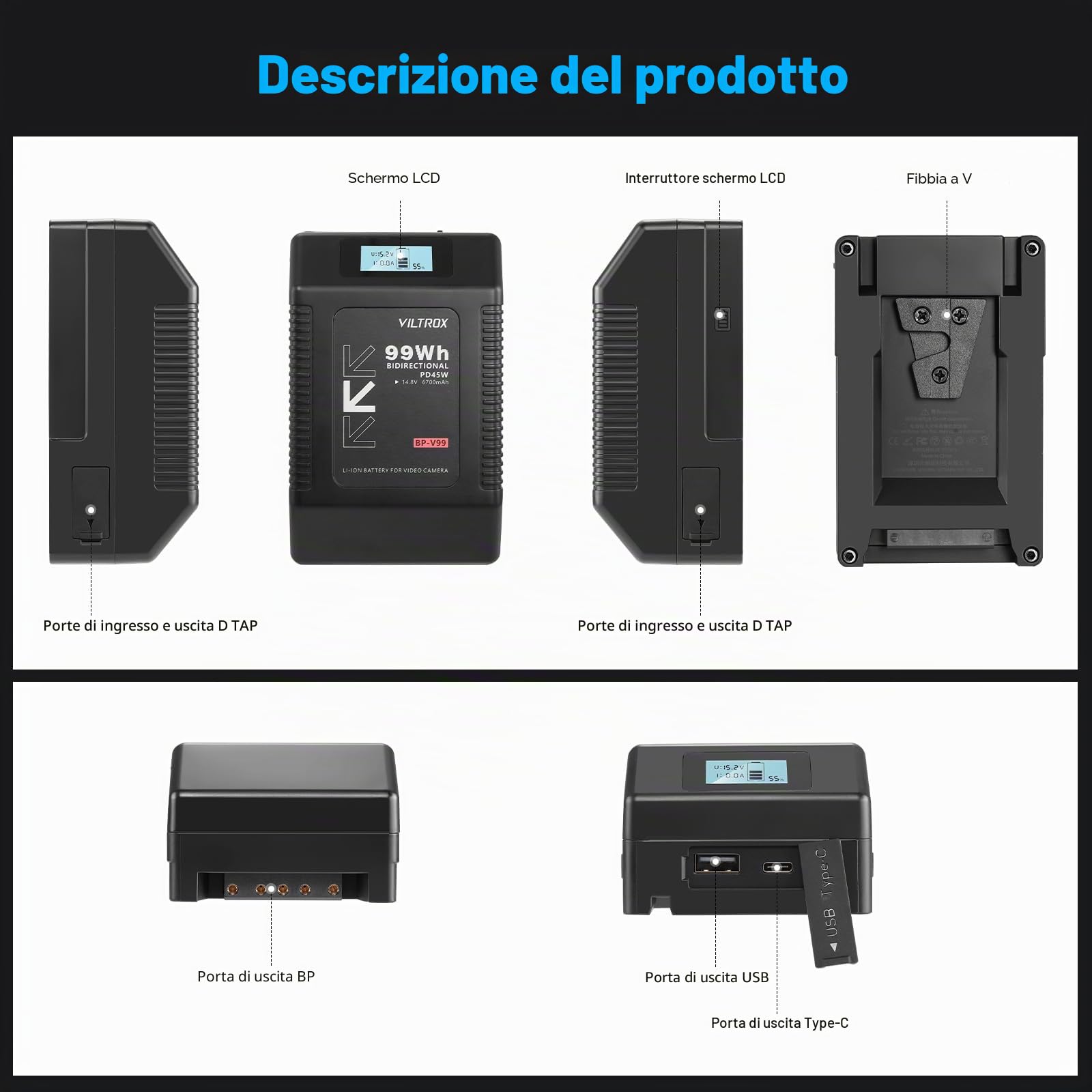 VILTROX BP-V99 V Lock Battery 6700mAh,V Mount Battery con Display LCD,Doppio D-Tap e Uscita USB 99Wh/14,8V,Nero Mini V-Mount per Fotocamere,Videocamere,luci LED,Monitor,MacBook e Smartphone