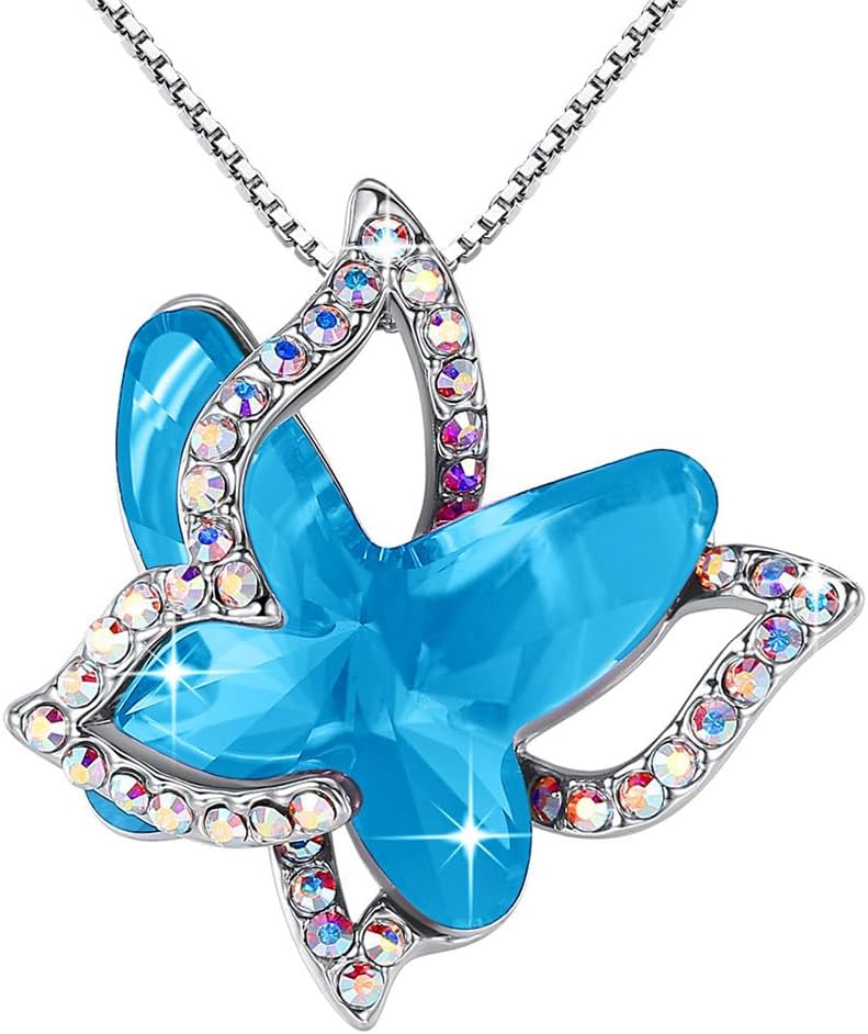 Valentine's Day Gift Butterfly Birthstone Crystal Necklace, Silver Tone with 18”+2” Chain, Necklace for Mother’s Day Anniversary Birthday Gifts for Women and Daughter