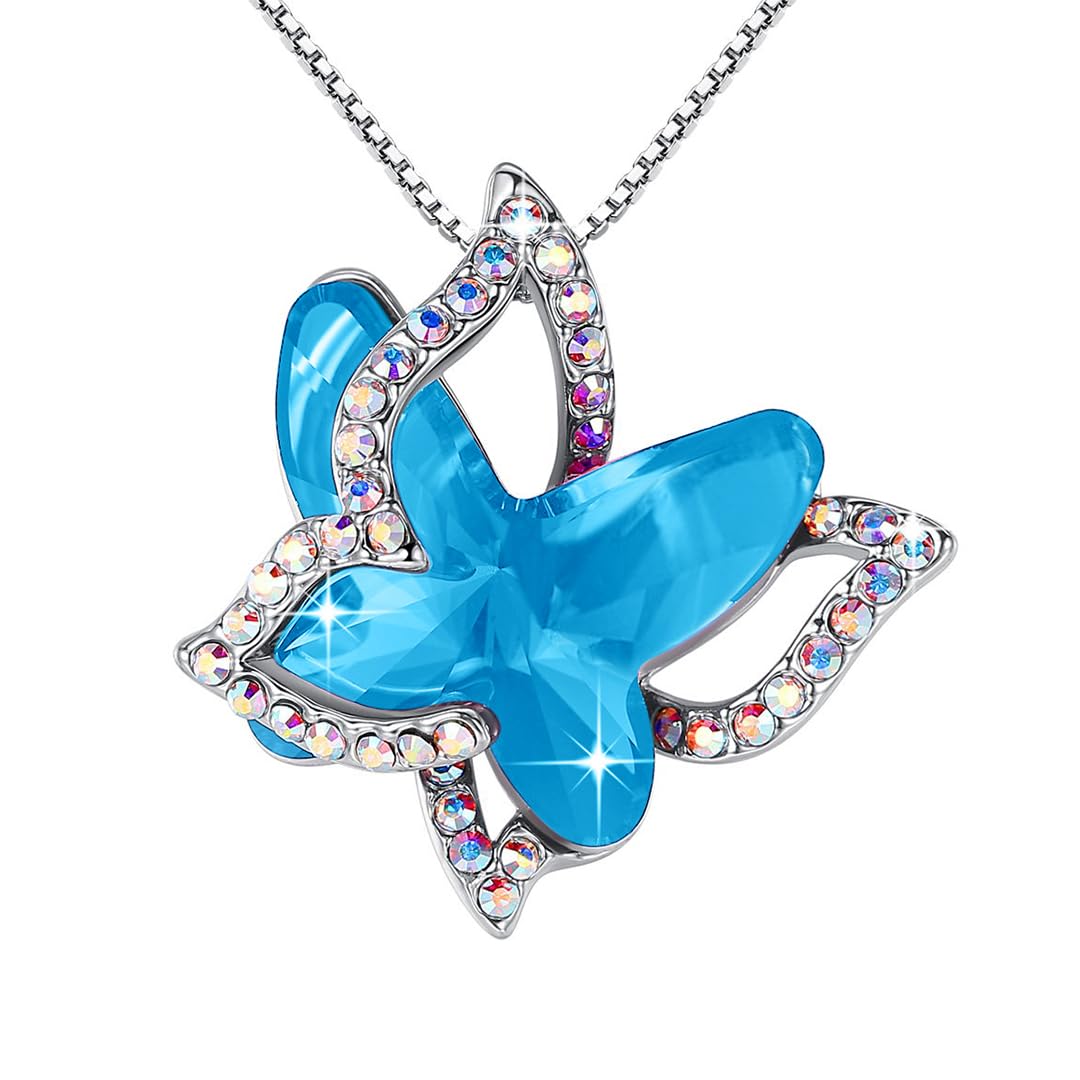 GEMMANCE Valentine's Day Gift Butterfly Birthstone Crystal Necklace, Silver Tone with 18”+2” Chain, Necklace for Mother’s Day Anniversary Birthday