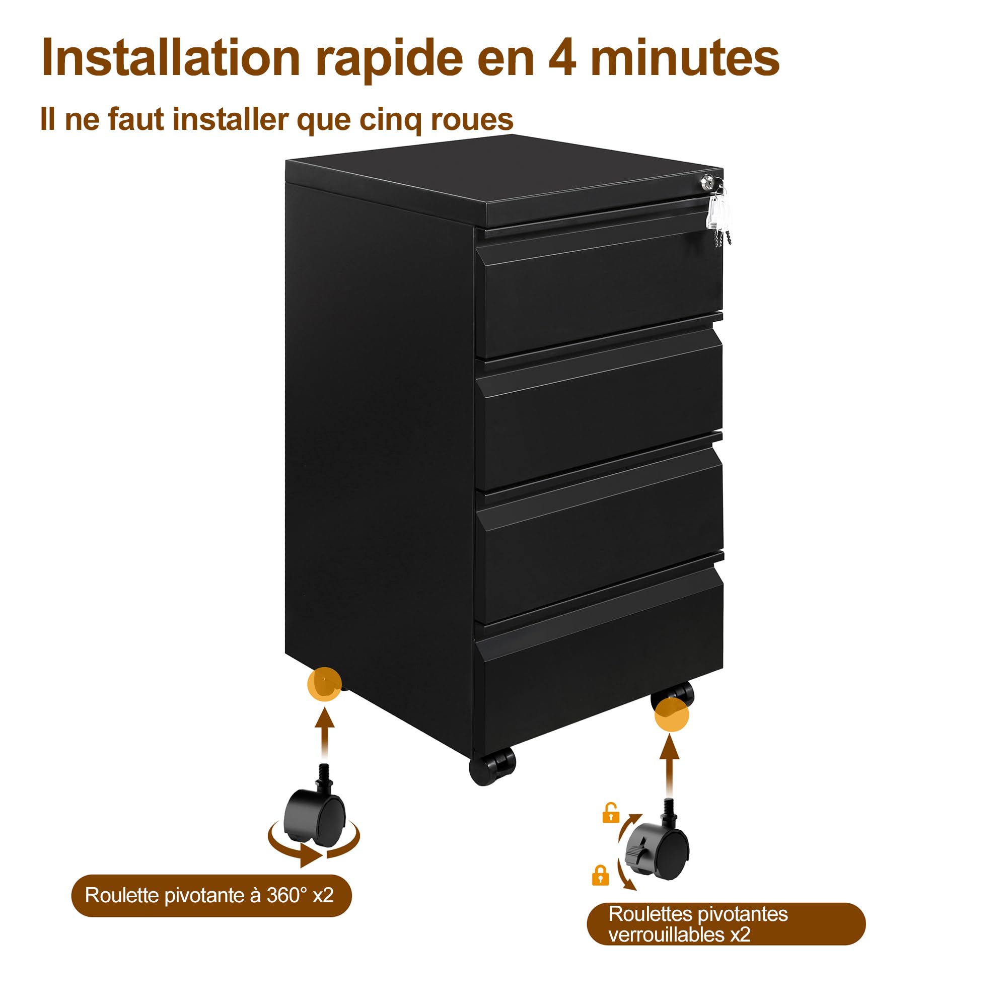 Caisson de Bureau Metal, Caisson de Rangement Mobile, Caisson à 4 Tiroirs, Meuble de Rangement Bureau, avec Serrure, 4 Clés, Prémonté, Noir
