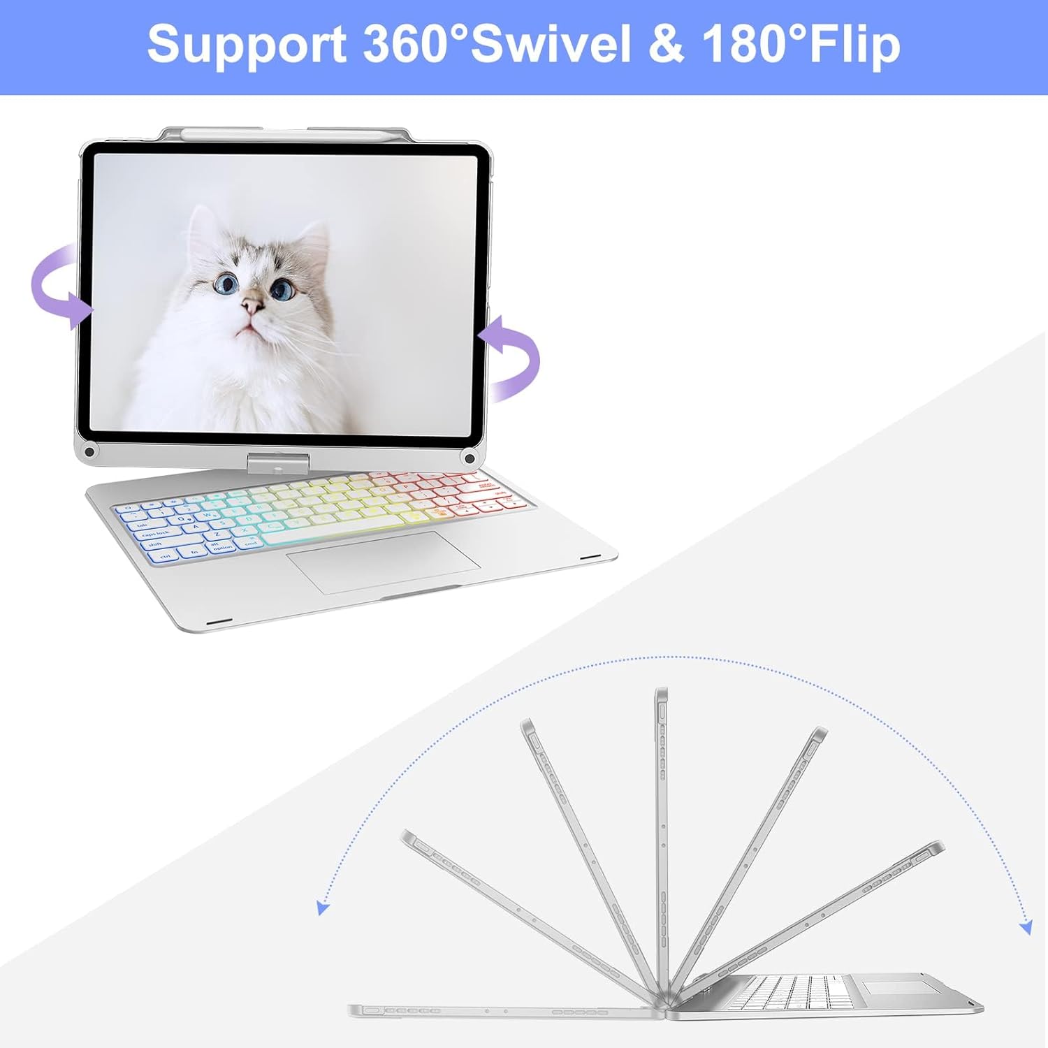 Diagram illustrating the 360-degree swivel and 180-degree flip functionality of the keyboard case.