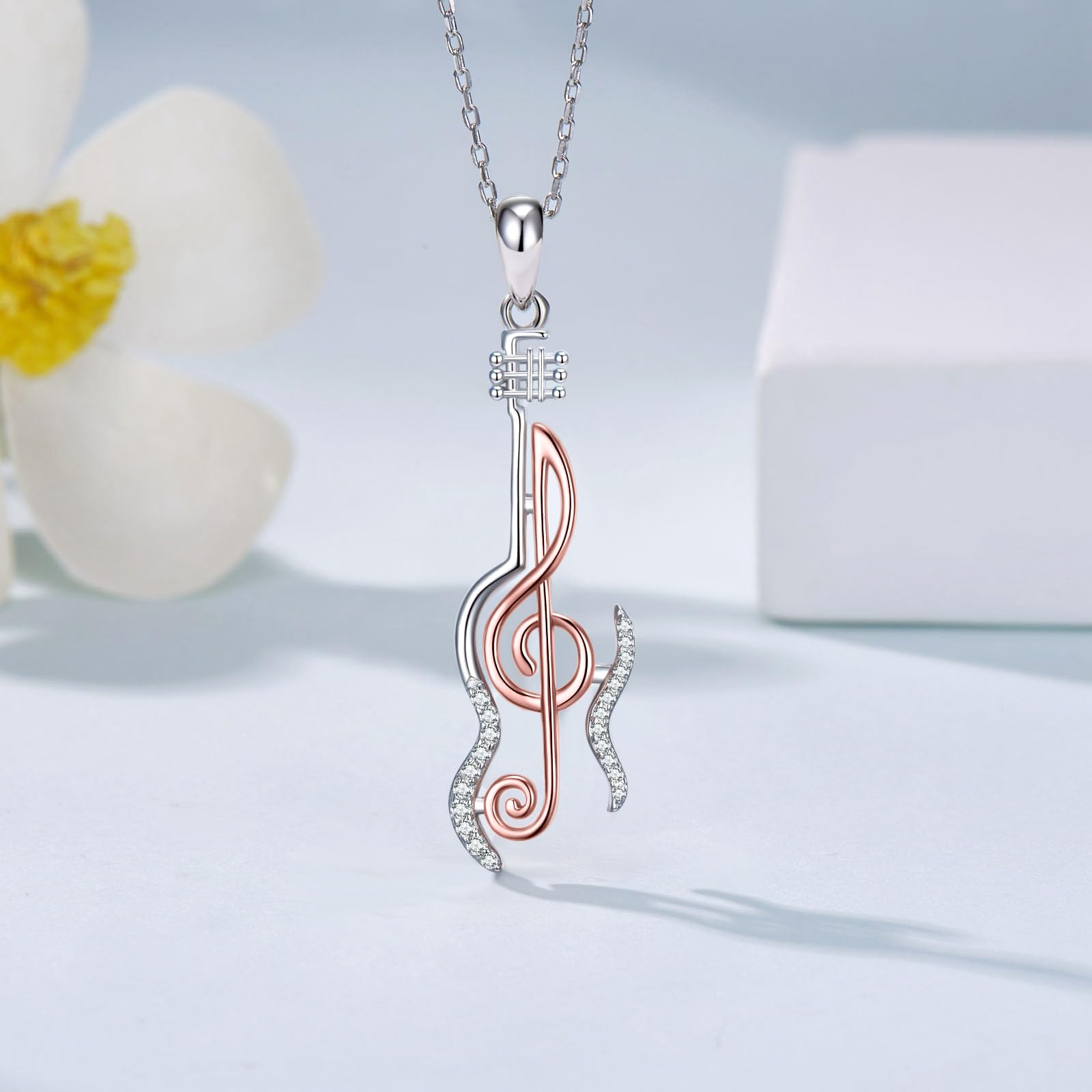 Collar con colgante de notas musicales de plata de ley 925, piano/violín/cristal con notas musicales para mujer