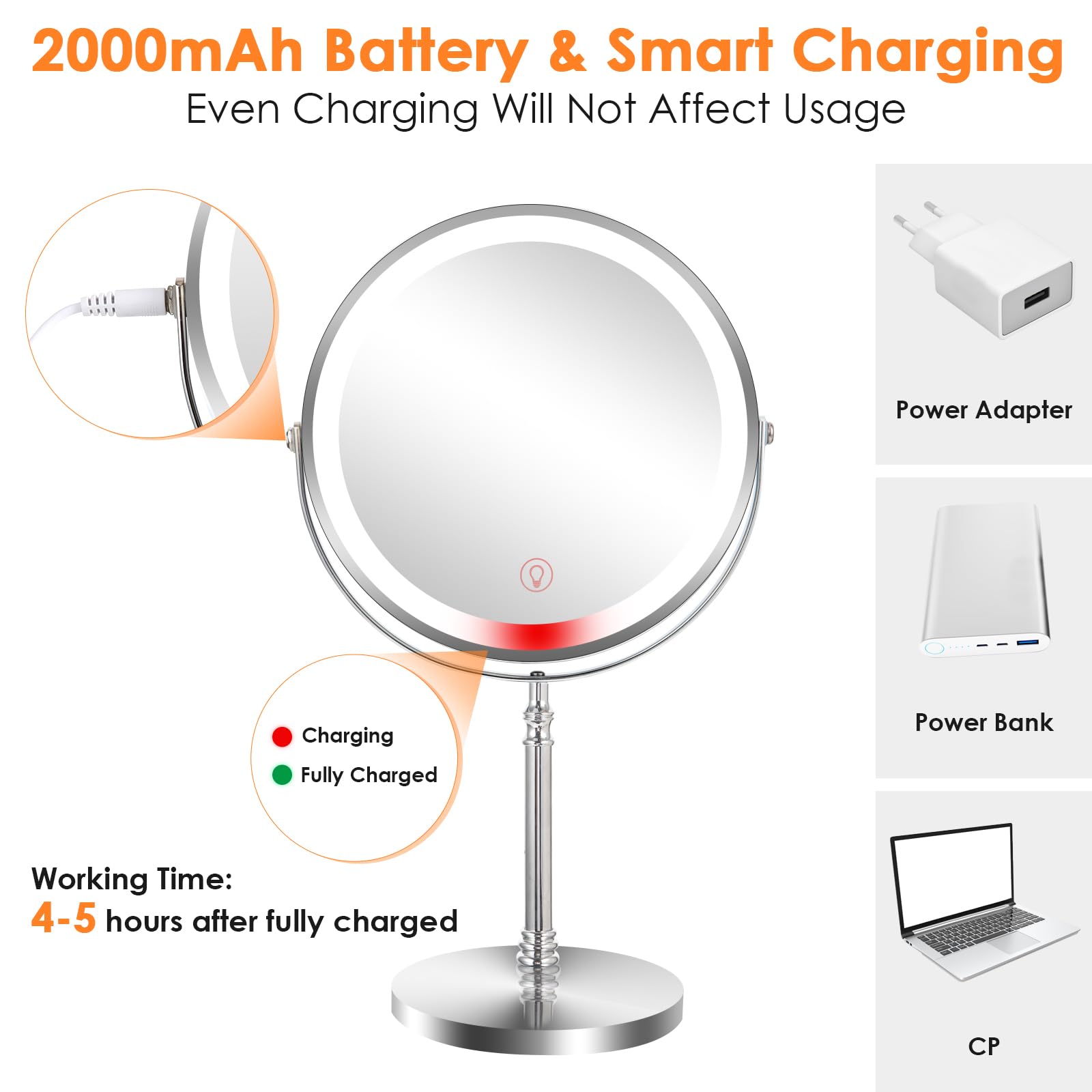 Espejo de maquillaje de aumento de 8 pulgadas con luz, espejo de maquillaje de rotación de 1X/10x 360 con iluminación, recargable de 3 luces de color, espejo de tocador de pie libre, espejo