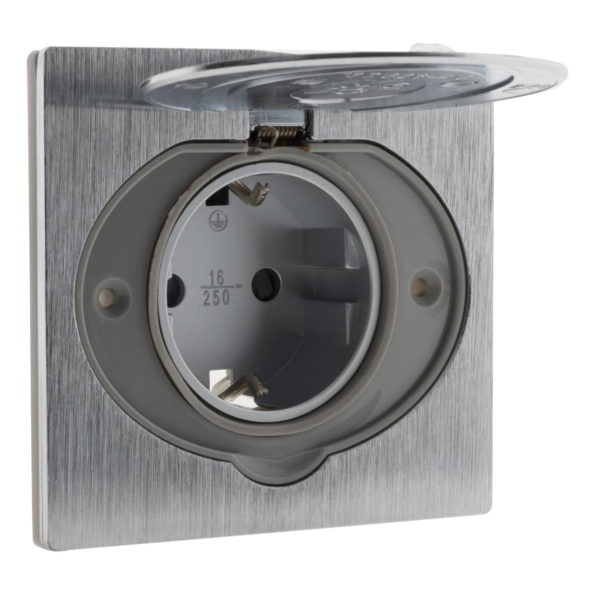 Zenitech, Base de suelo Schuko 16 A IP44 de aluminio cepillado con tapa protectora, caja de empotrar Ø 67 mm multimaterial, cableado automático, fijación con tornillos.