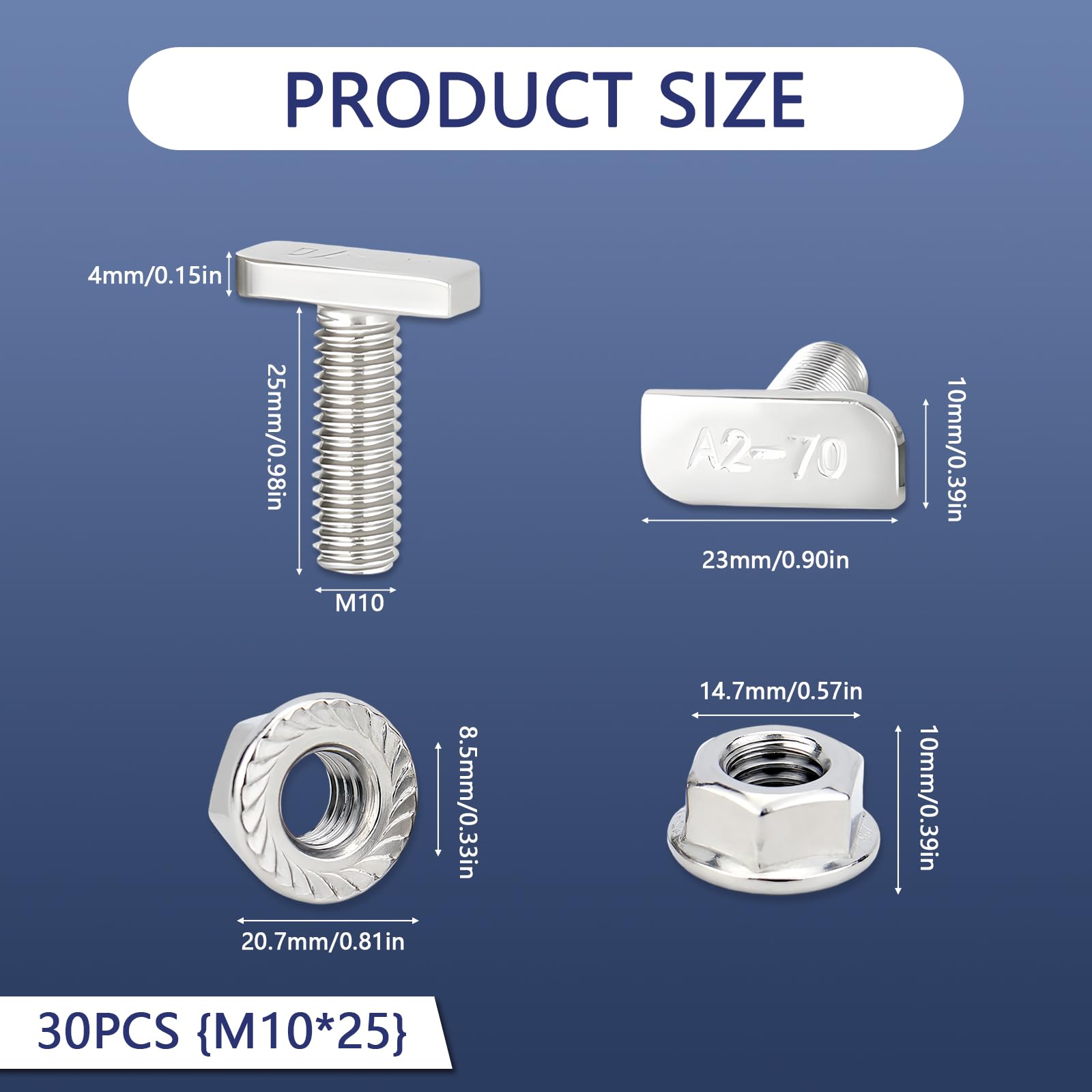 Lot de 30 Vis à Tête Marteau M10x25mm, Boulons en Inox A2-70 avec Contre-Écrous Crantés pour Rail T-Nut Profilé Alu Serre et Support PV