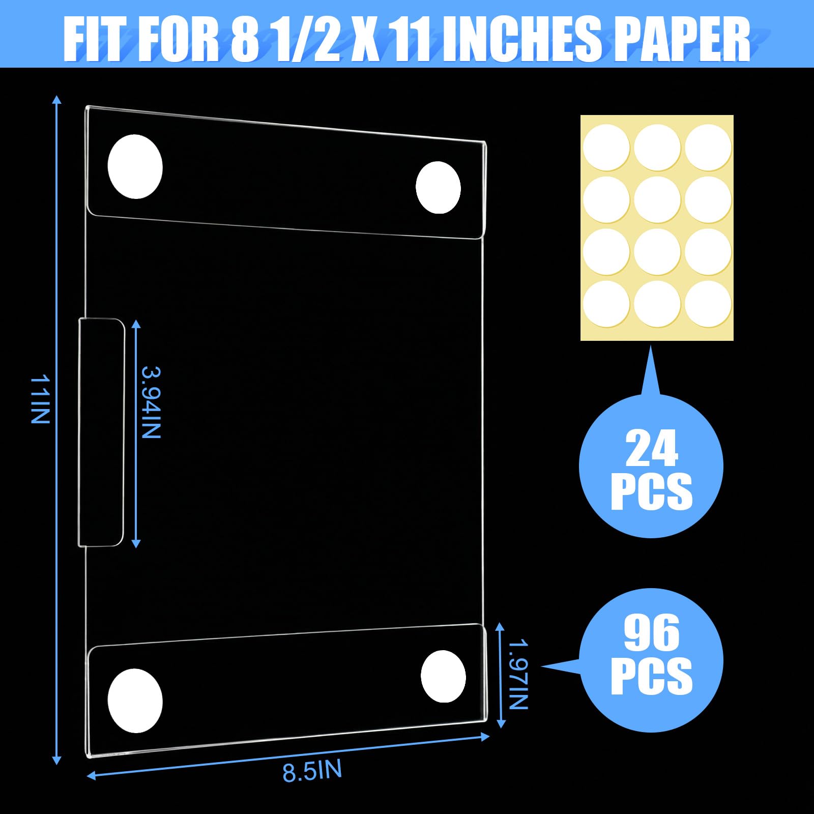 Paquete de 24 soportes acrílicos para letreros de pared de 8.5 x 11 pulgadas, uso vertical u horizontal, soportes de letreros de montaje en pared, sin taladrar, marcos acrílicos