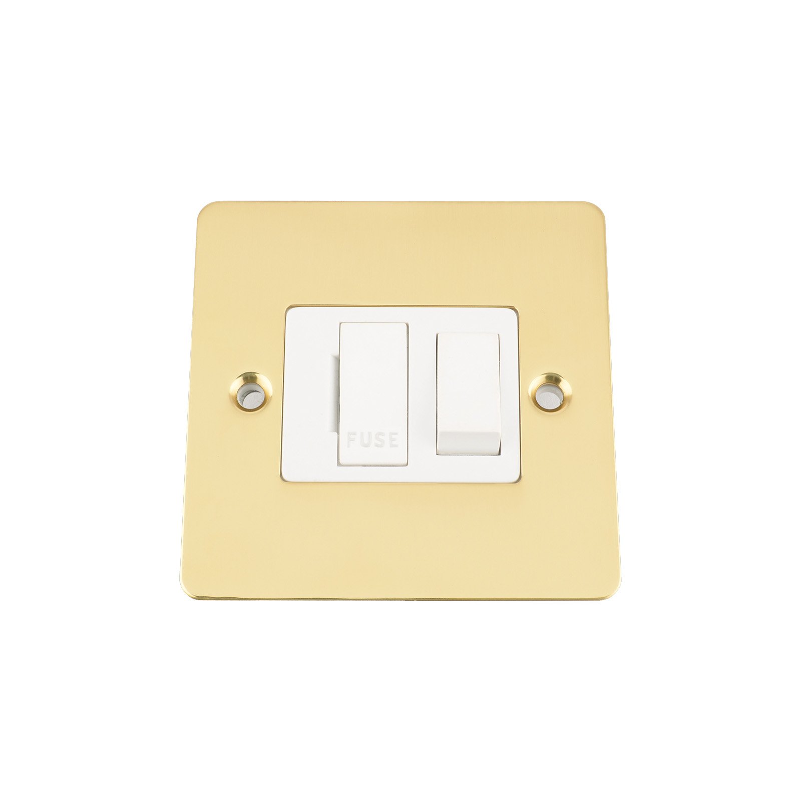 A5 Products Brass Fused Switch - Polished Flat - White Insert Plastic Switch - 13 Amp Switched Fused Spur Unit
