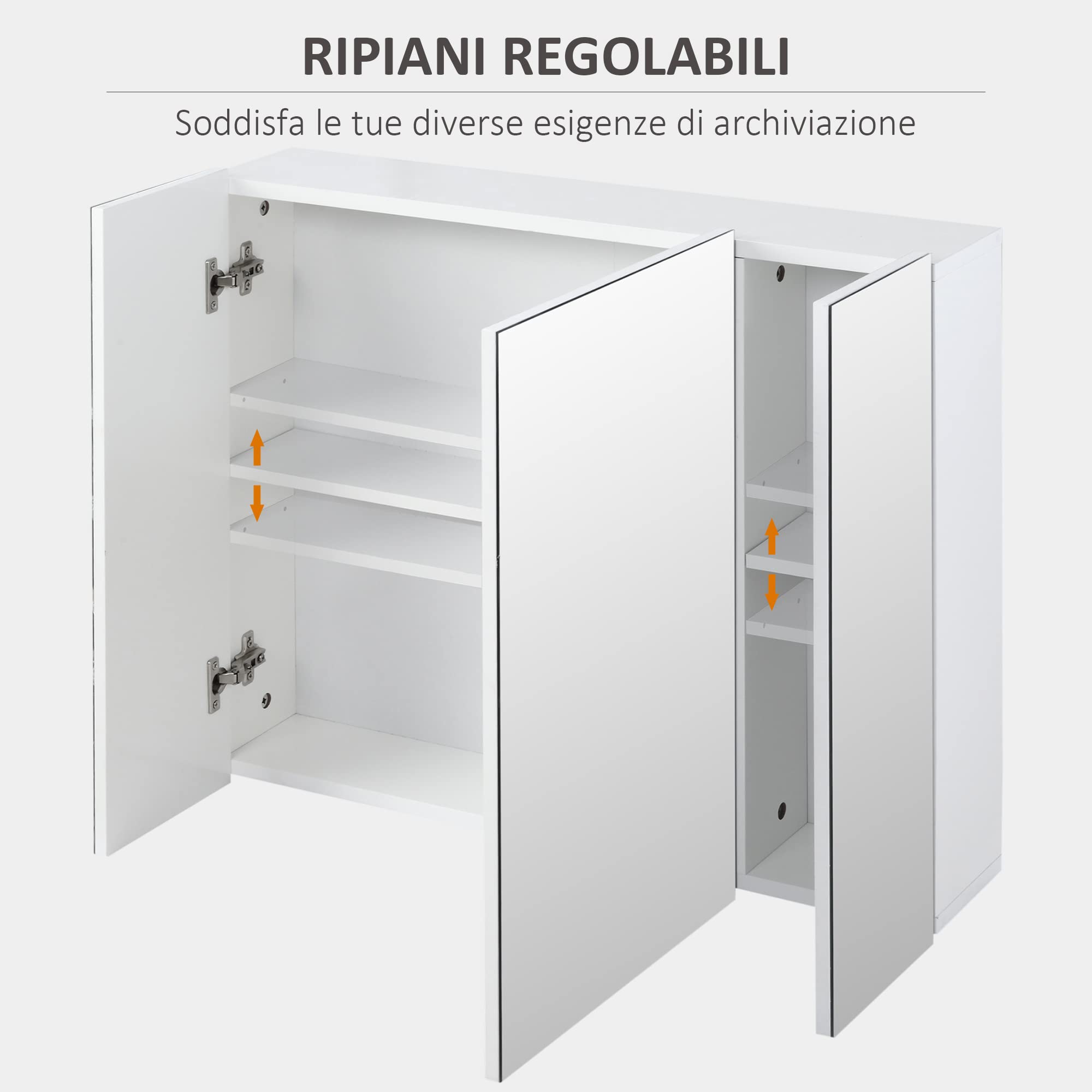 kleankin Armadietto Bagno con 3 Ante Specchiate 70x15x60cm Bianco | Specchio Bagno Contenitore in Legno, Ripiani Interni Regolabili