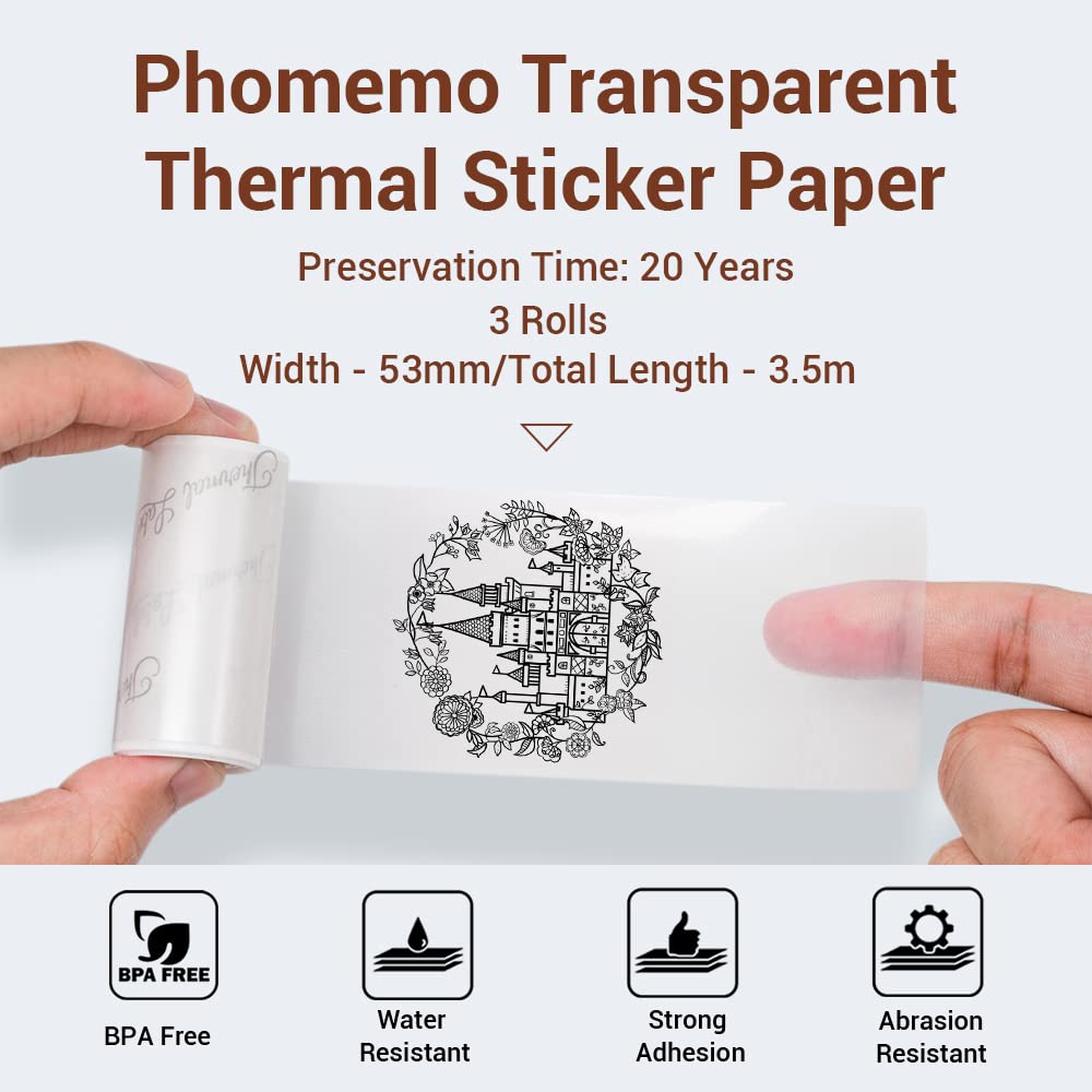 Phomemo Self-Adhesive Thermal Paper - 3 Rolls For M02/M02S/M02Pro Mini Printers, 50mm X 3m