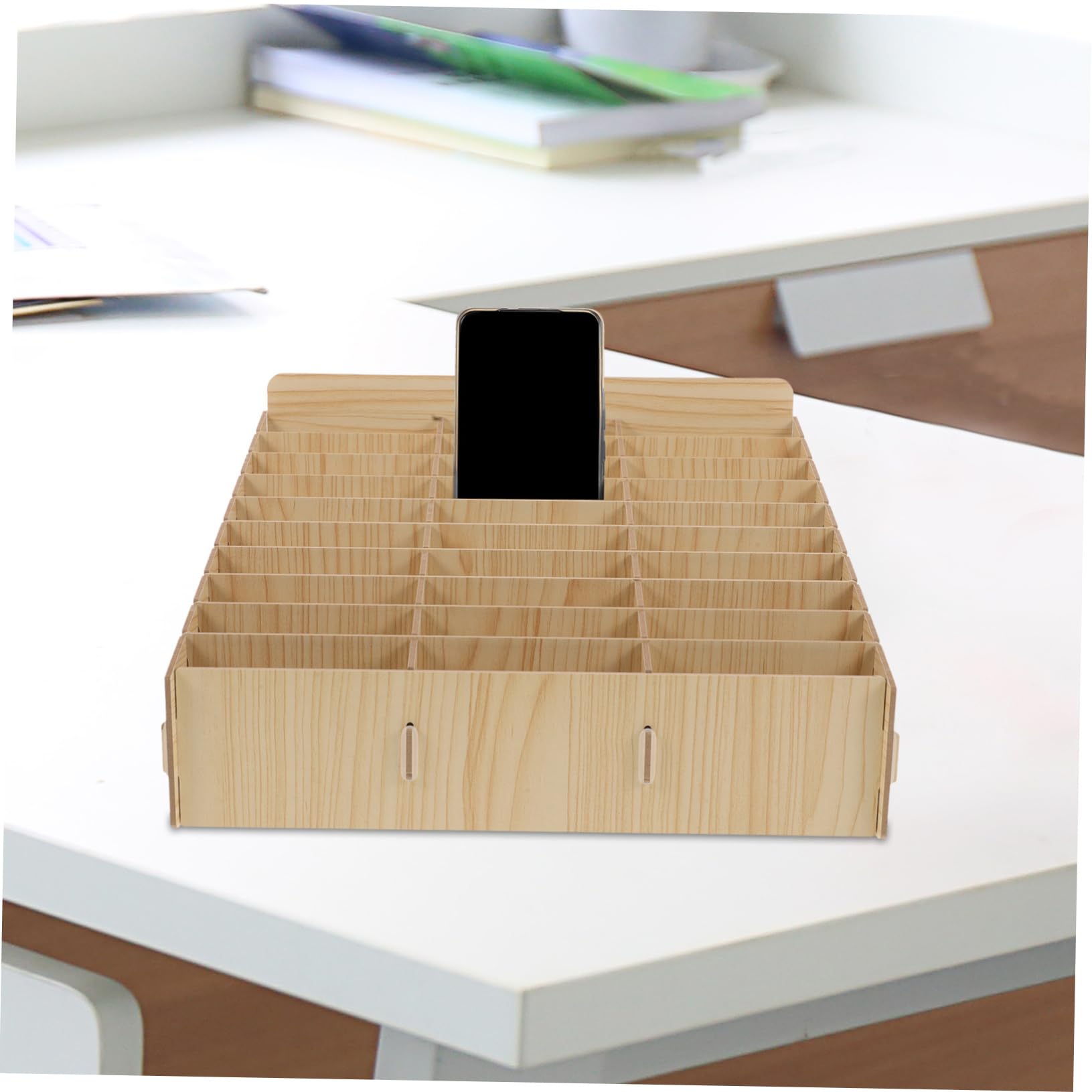Scatola Portaoggetti per Telefono Cellulare 30 Scomparti in Legno Beige | Organizer da Scrivania Multi-scomparto, Porta Calcolatrice e Cavi, per Aula e Scuola
