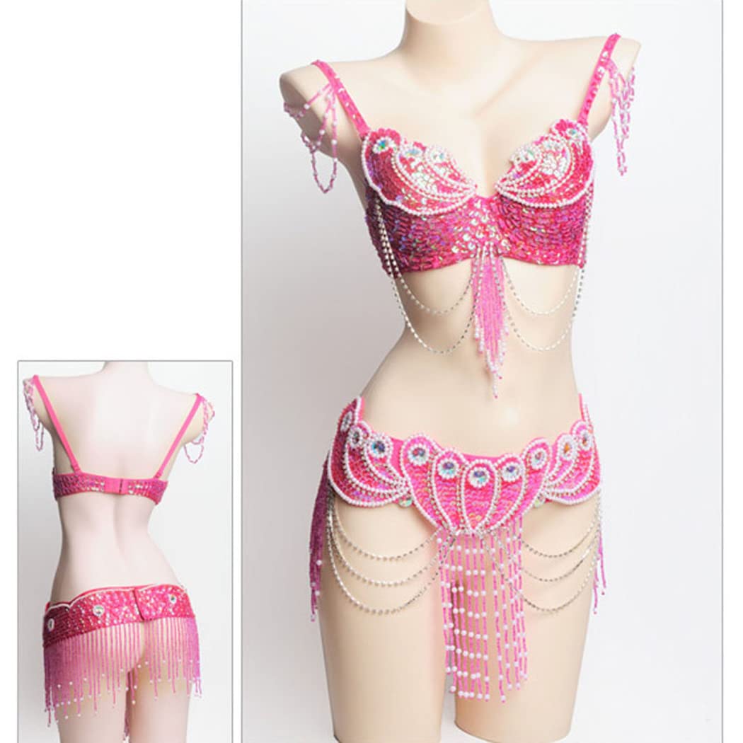 Women Belly Dance Outfits Performance Dresses Tribal Belly Dancwer Costumes Belly Dance Bra and Belt 2 Piece Set,Rose red,S