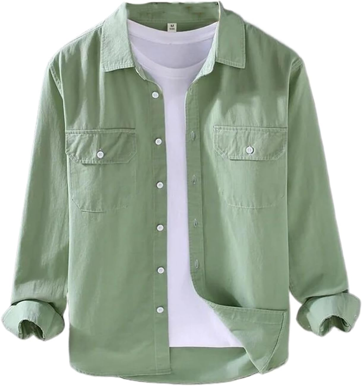 Men's Cotton Cargo Shirt Jacket Solid Color Casual Long Sleeve Coat Tops for Spring