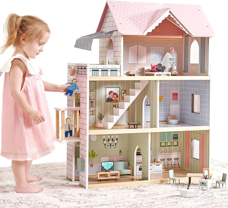 Giant bean Large Pink Wooden Dollhouse with Furniture Dolls for Girls | Doorbell, Light,Elevator, 6 Rooms 2.6ft High,17Pcs Furniture & 3 Dolls, Kids Playhouse Toy for Girls 3-7
