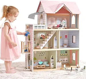 Giant Bean Large Pink Wooden Dollhouse with Furniture and Dolls