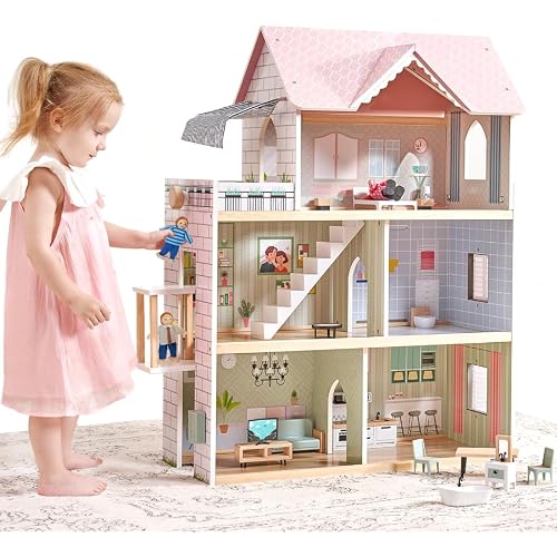 Giant bean Large Pink Wooden Dollhouse with Furniture Dolls for Girls