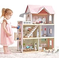 Giant bean Wooden Dolls House, 2.6 Feet High with Elevator, Doorbell, Light,15 Pieces Furnitures and 3 Dolls, Toy Gift for Girls Ages 3-7+
