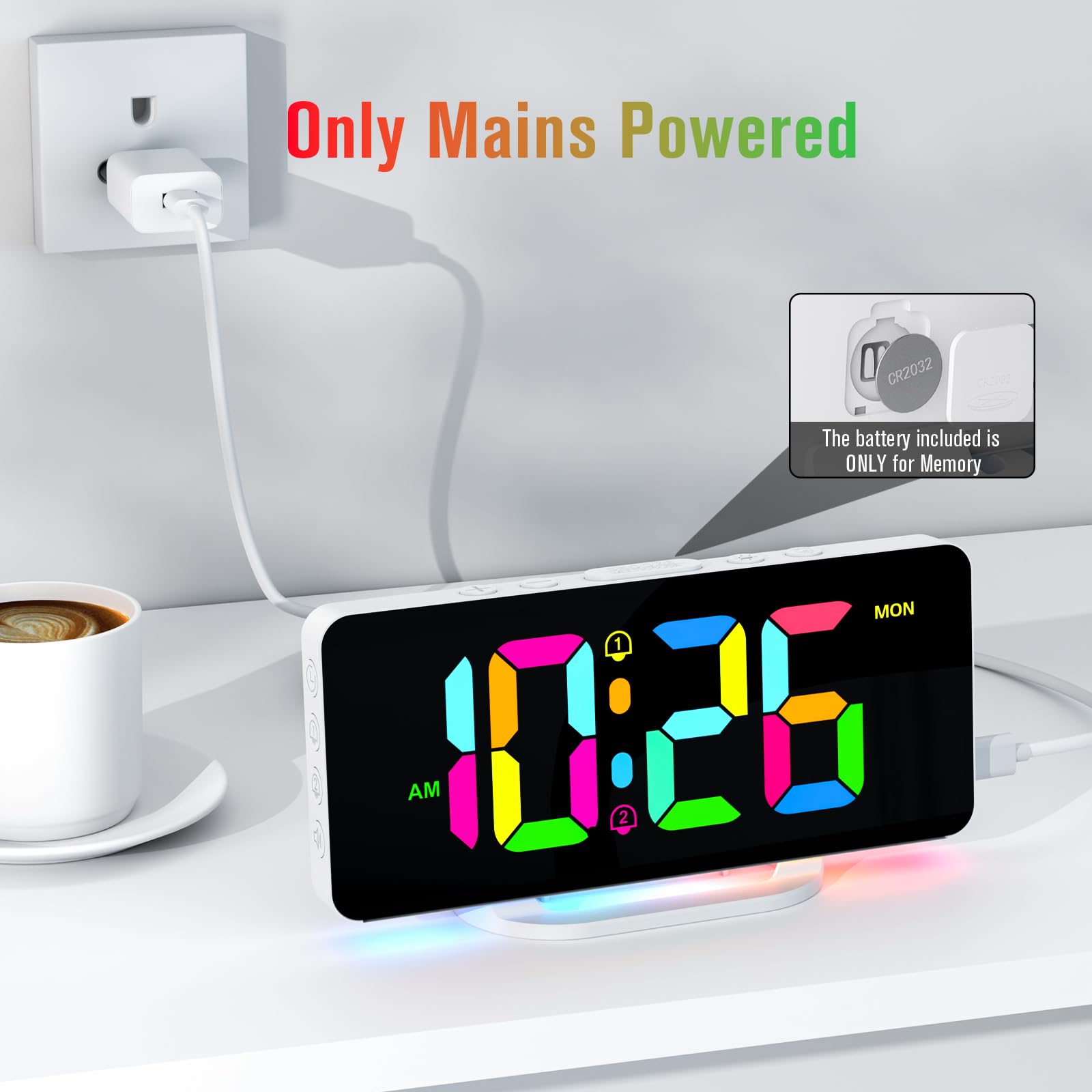 CHEREEKI Sveglia da Comodino Digitale a Corrente, Sveglie Digitali con 11 Colori Numerici e 10 Luce Notturna, Luminosita Regolabile, Alimentazione Elettrica, Bianco