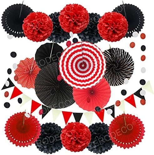 ZERODECO Party Decoration, 21 Pcs Black and Red Hanging Paper Fans Pom Poms Flowers, Garlands String Polka Dot and Triangle Bunting Flags for Minnie Mouse Birthday Parties Baby Showers Wedding