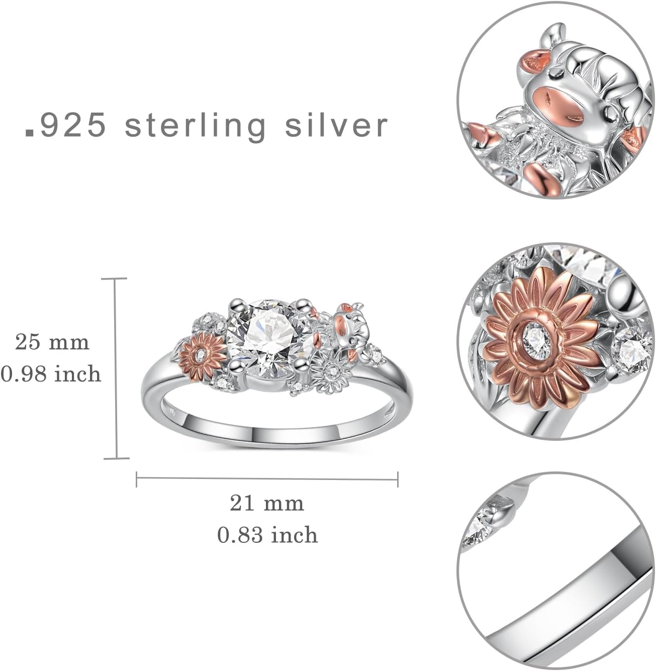 Highland Cow Ring for Women 925 Sterling Silver Cute Animal Ring with Daisy Highland Cow Jewelry Gifts for Women - Image 4