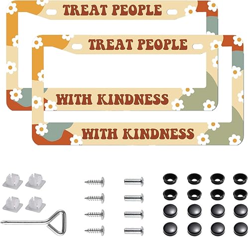 Paquete de 2 marcos para placa de automóvil de acero inoxidable con tornillos, tapas y destornilladores, para mujeres y niñas, diseño Treat People