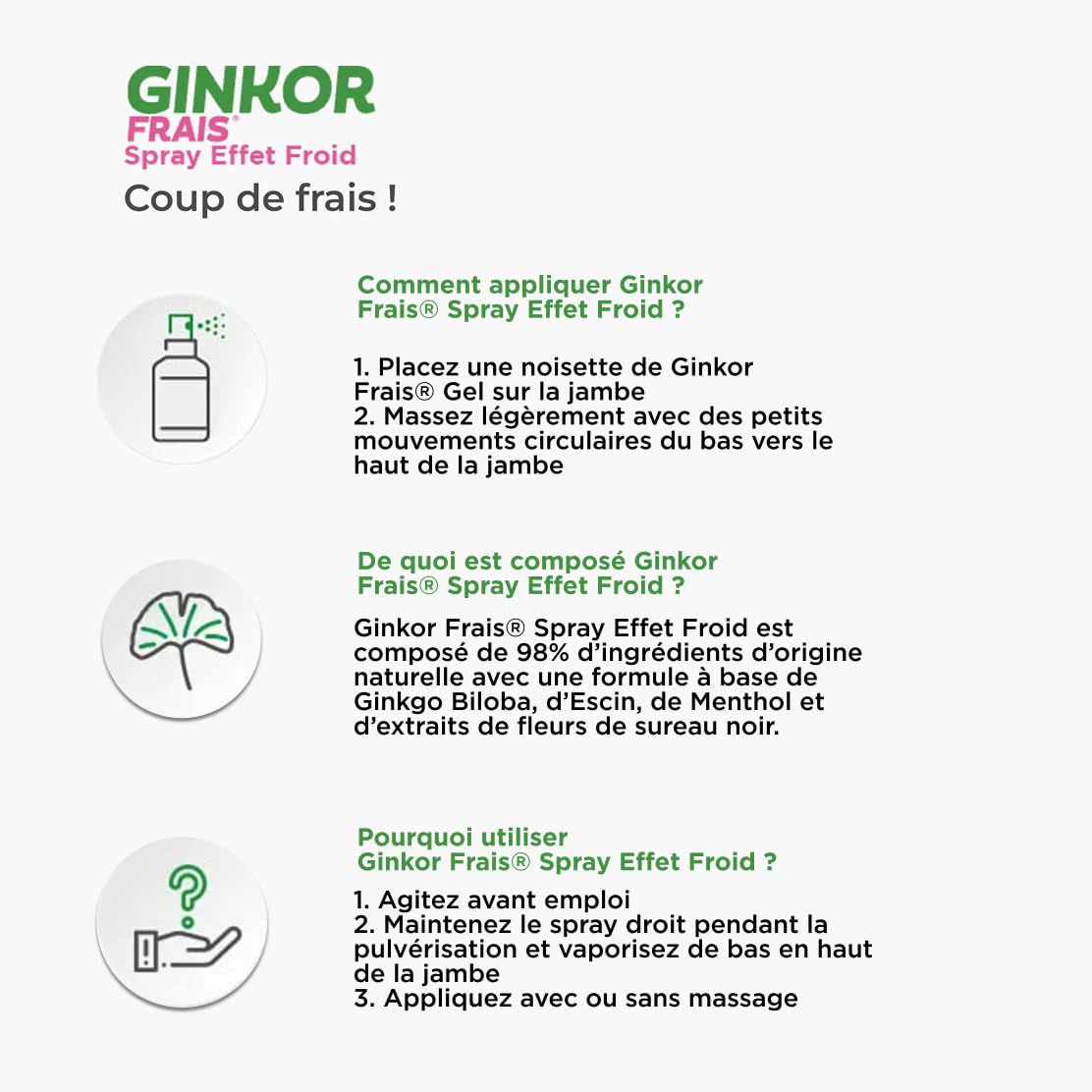 Frais | Spray effet froid jambes | Coup de frais immédiat | 98% d’origine naturelle | Ginkgo Biloba Menthol Escin | Compatible collants et bas | 125 ml