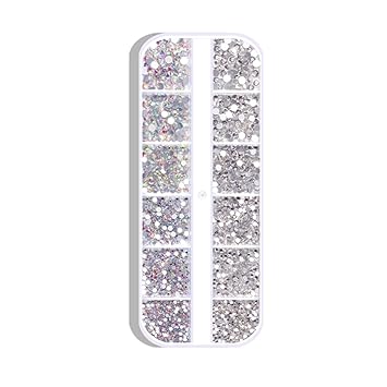 Qingyuan 1800 Pcs Nail Arts Rhinestone Kit Crystal AB De ation Gems 6 Sizes (1.6-4 mm) Round Iridescent Glass Flatba Glitter Charms Gem Stone for 3D Craft Jewelry DIY