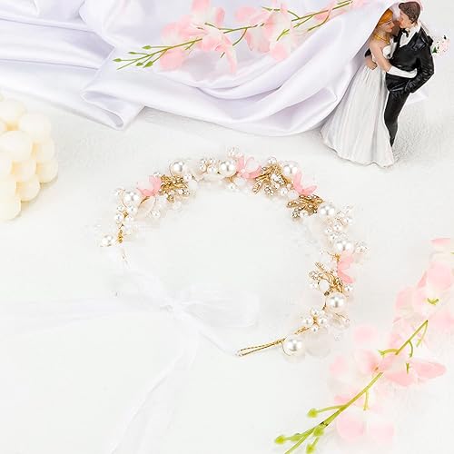Miniatura 6 de Didder Diadema de flores, tiara de perlas y corona para mujeres y niñas, diadema de maternidad rosa con diamantes de imitación, diadema de dama de