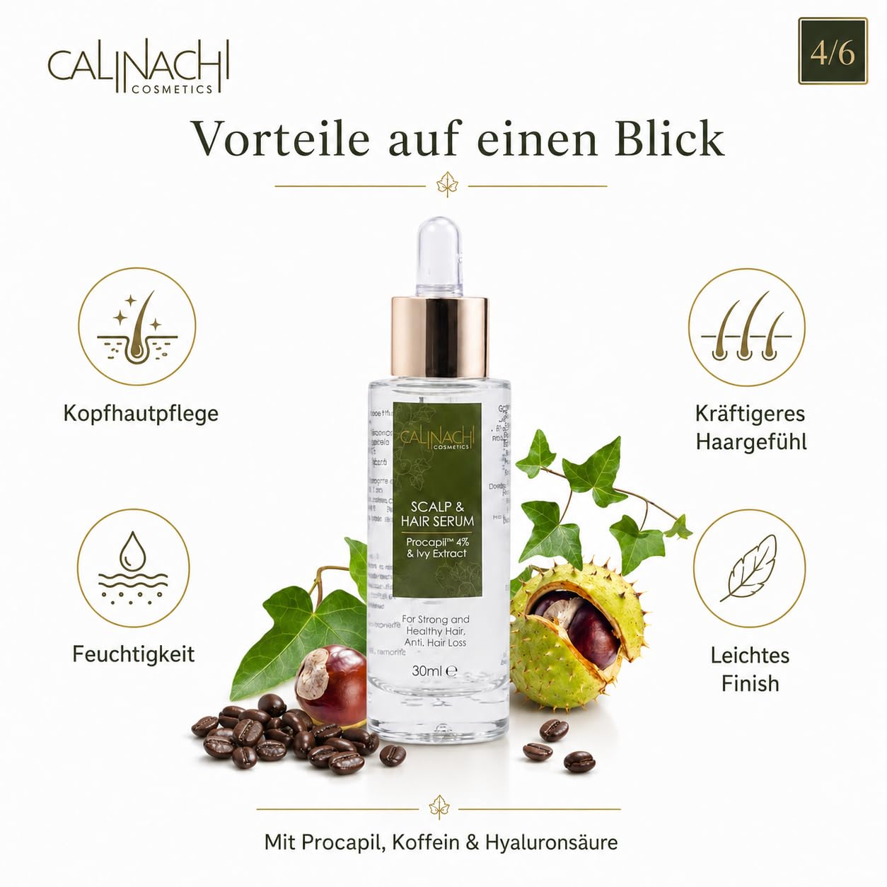 CALINACHI Haarserum für Haardichte & Wachstum 30 ml | gegen Haarausfall - Procapil, Koffein, Hyaluronsäure | Ivy- & Rosskastanien-Extrakt, Vitamine A/E/F | Kopfhautpflege, leicht & nicht fettend