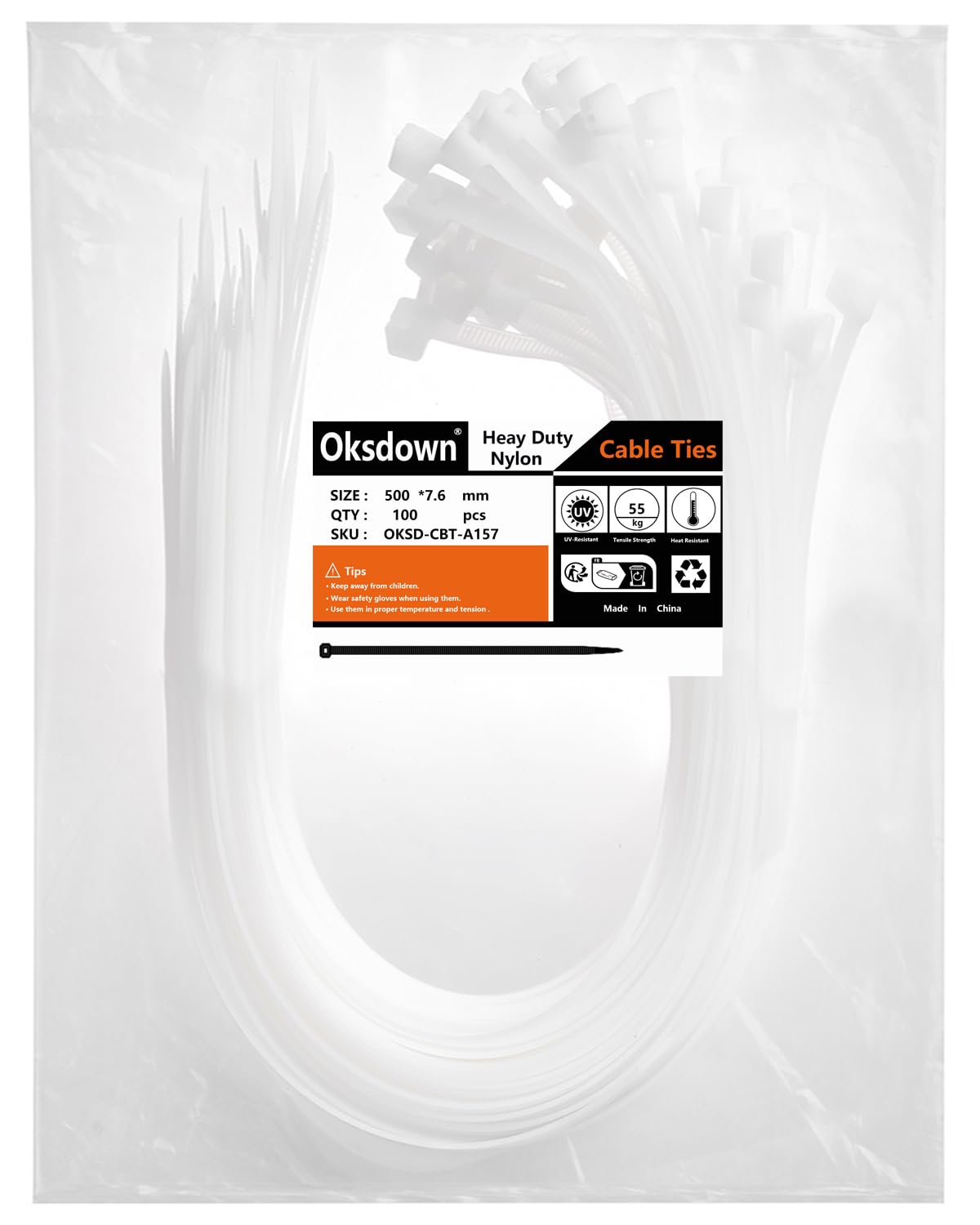 Oksdown 500mm × 7,6mm Breit 100 Stück Stark Kabelbinder mit 55 kg Zugfestigkeit weiß UV-Beständig Groß Lang Nylon Kunststoff Selbstsichernder Multifunktionaler Cable Zip Ties
