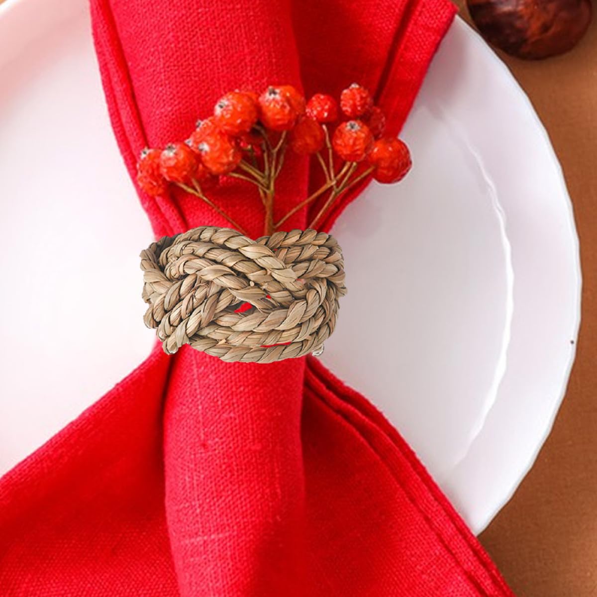 Homoyoyo Lot de 6 Ronds de Serviette Tissés Rustiques en Paille Naturelle Décoration de Table à Manger Campagnarde Accessoires de Table pour Dîner Mariage et Réception