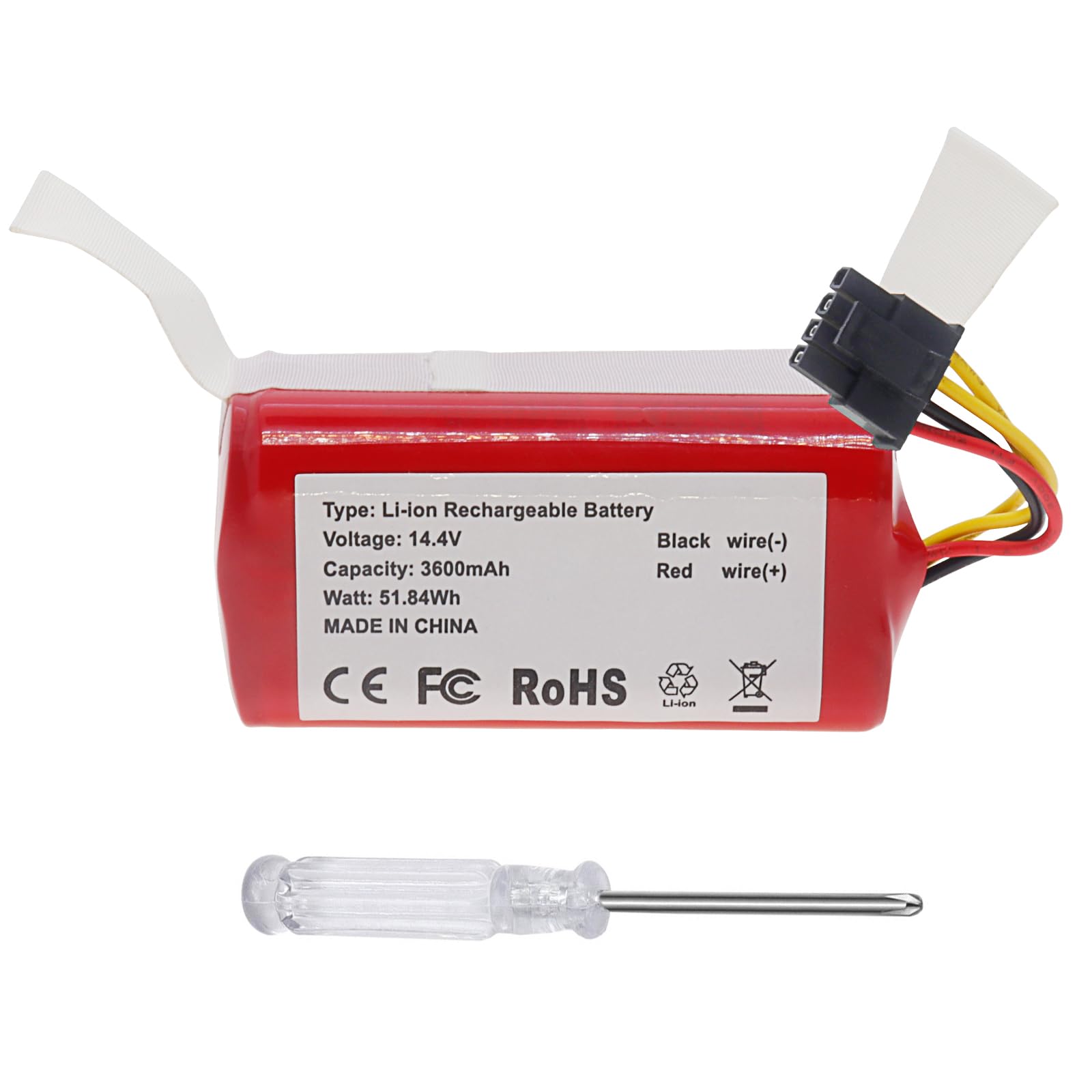3600mAh Replacement Battery 14.4V Li-ion Battery Compatible with Robot 360 C50 TCL S1/S15/S18 AIRROBO P10 Formate E-550G/W Vacuum Cleaner (4 Prongs Connector)
