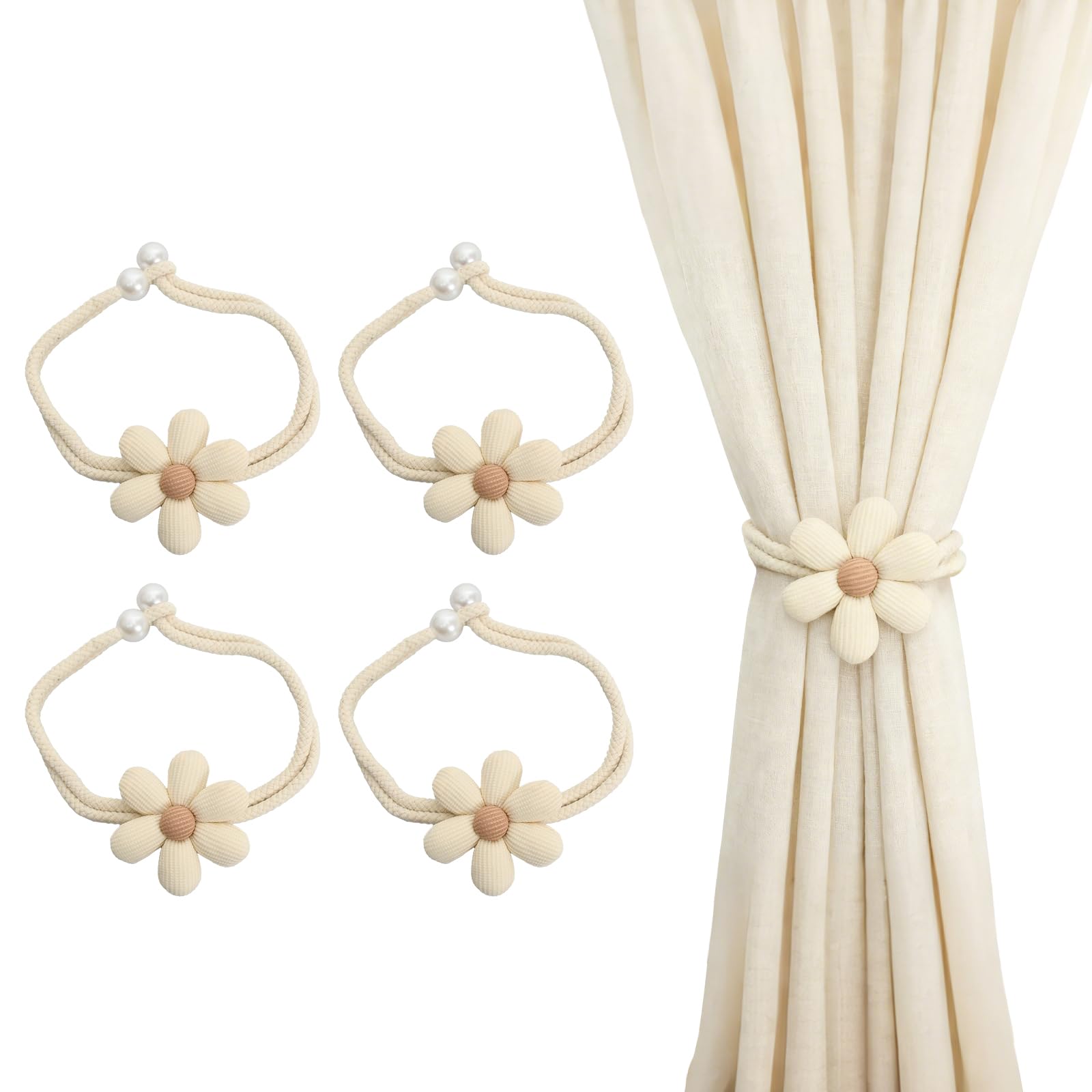 Merzio 4 Pack Curtain Tie Backs Flower Shaped, Decorative Curtain Tiebacks, No Drill Curtain Holdbacks Clips, Weave Rope Curtain Ties for Living Room Bedroom Home Office Decor