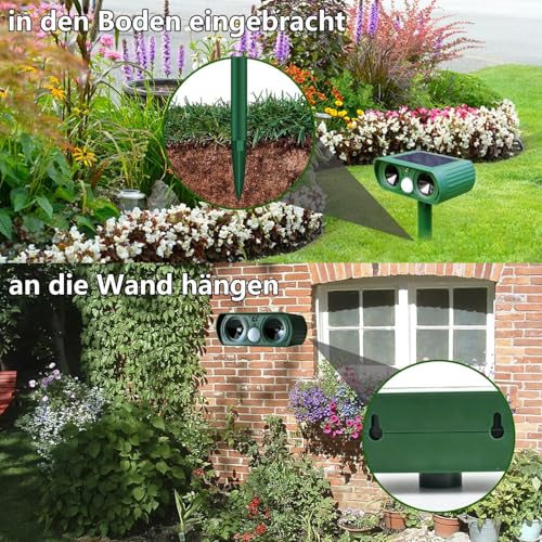 Solar Katzenschreck,Ultraschall Tiervertreiber Katzenabwehr,Wasserdicht Marderschreck mit PIR-Bewegungssensor Katzenschreck für Garten,Wirksam Gegen Katzen,Hunde,Marder,und Vögel Schädlineg(Grün)