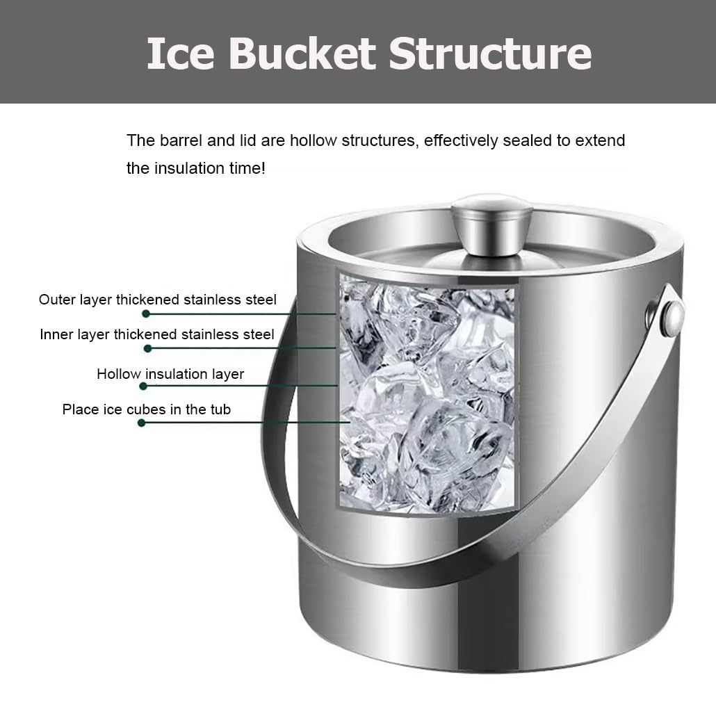 Cubo de hielo de acero inoxidable de doble pared de 1,6 x 2,3 L for cubitos de hielo, enfriador de bebidas con aislamiento al vacío, tapa hermética y pinzas for hielo(Gold,H 16.5cm/6.3in)