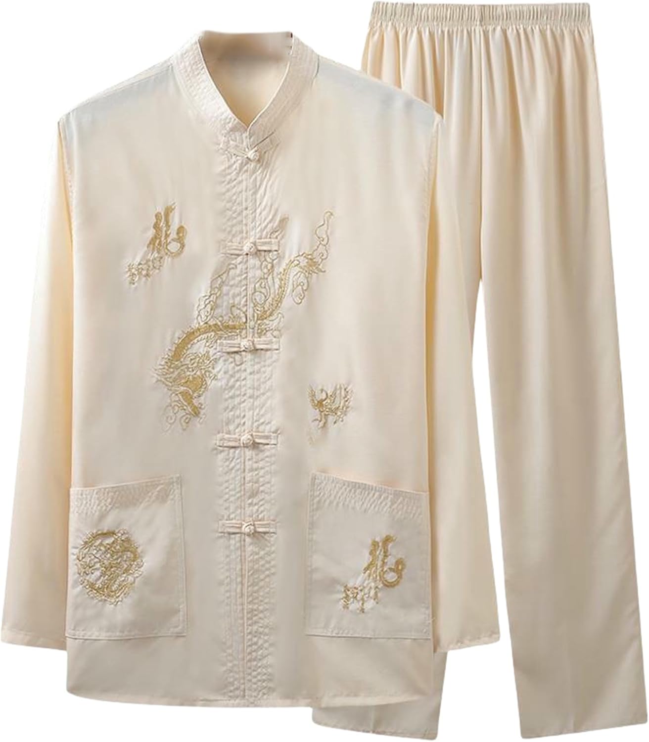 Men's Spring/Summer Ice Silk Tang Suit Thin Long Sleeve Shirt Chinese Style Hanfu Set